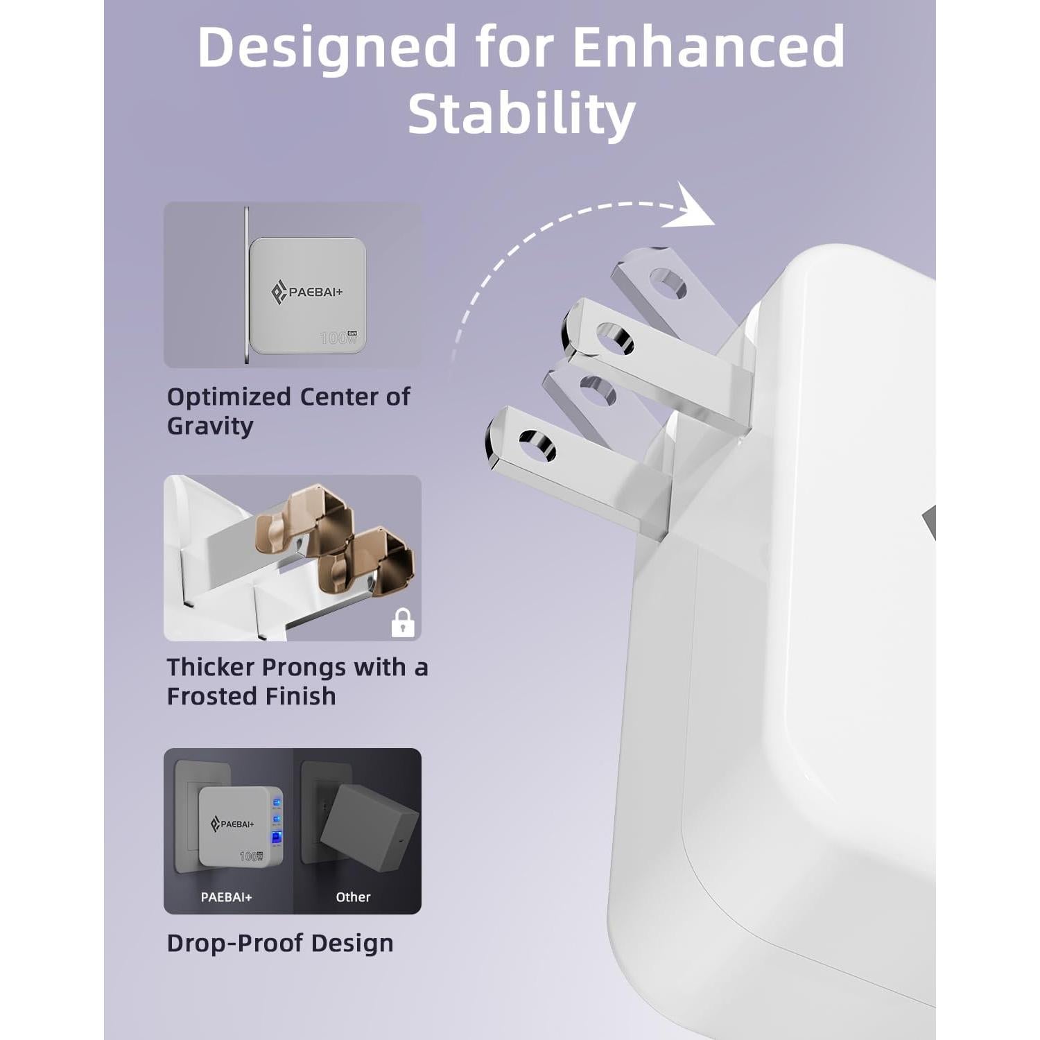 Cargador USB C 100W PAEBAI+ 3 Puertos Rápido Plegable