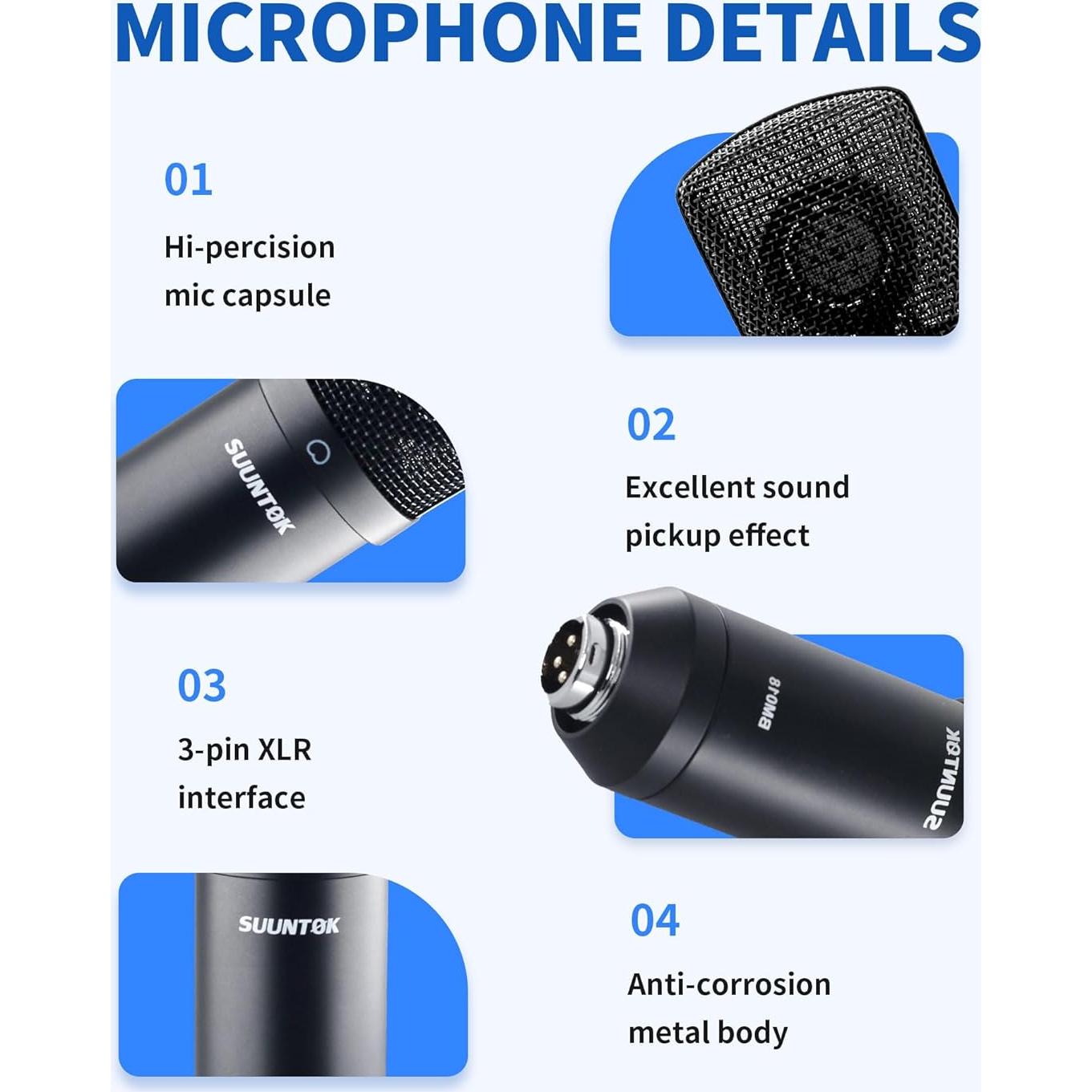 XLR Condenser Microphone Recording Microphone for PC Computer Home Studio Cardioid Podcast Mic Kit for Streaming, ASMR, YouTube, Voice-Over, Gaming, Vocal (Black)