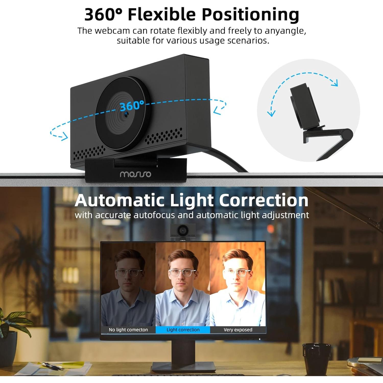 Cámara Web 4K MOSISO con Micrófono y Corrección de Luz