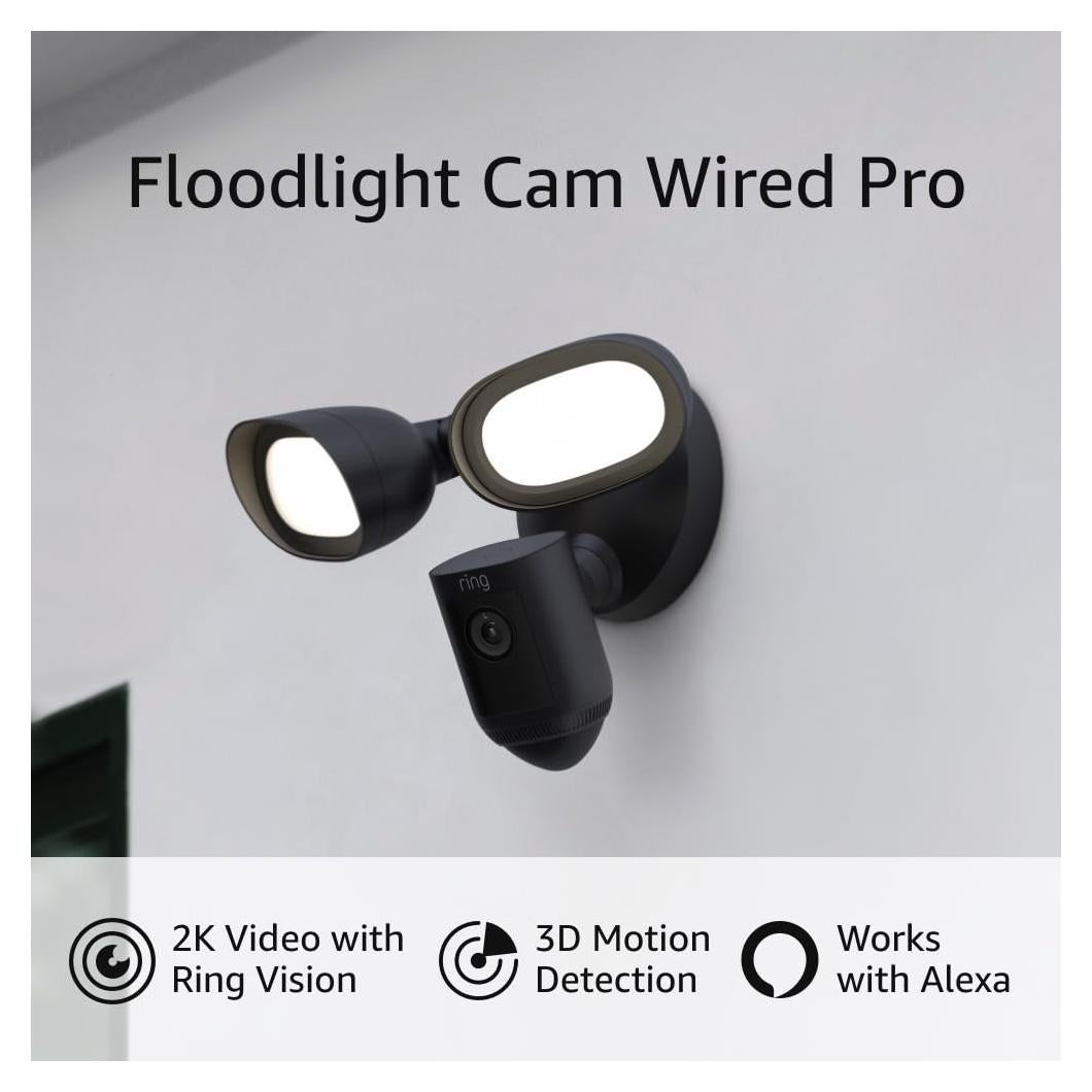 Like-New Ring Floodlight Cam Wired Pro with Bird’s Eye View and 3D Motion Detection (2021 release), Black
