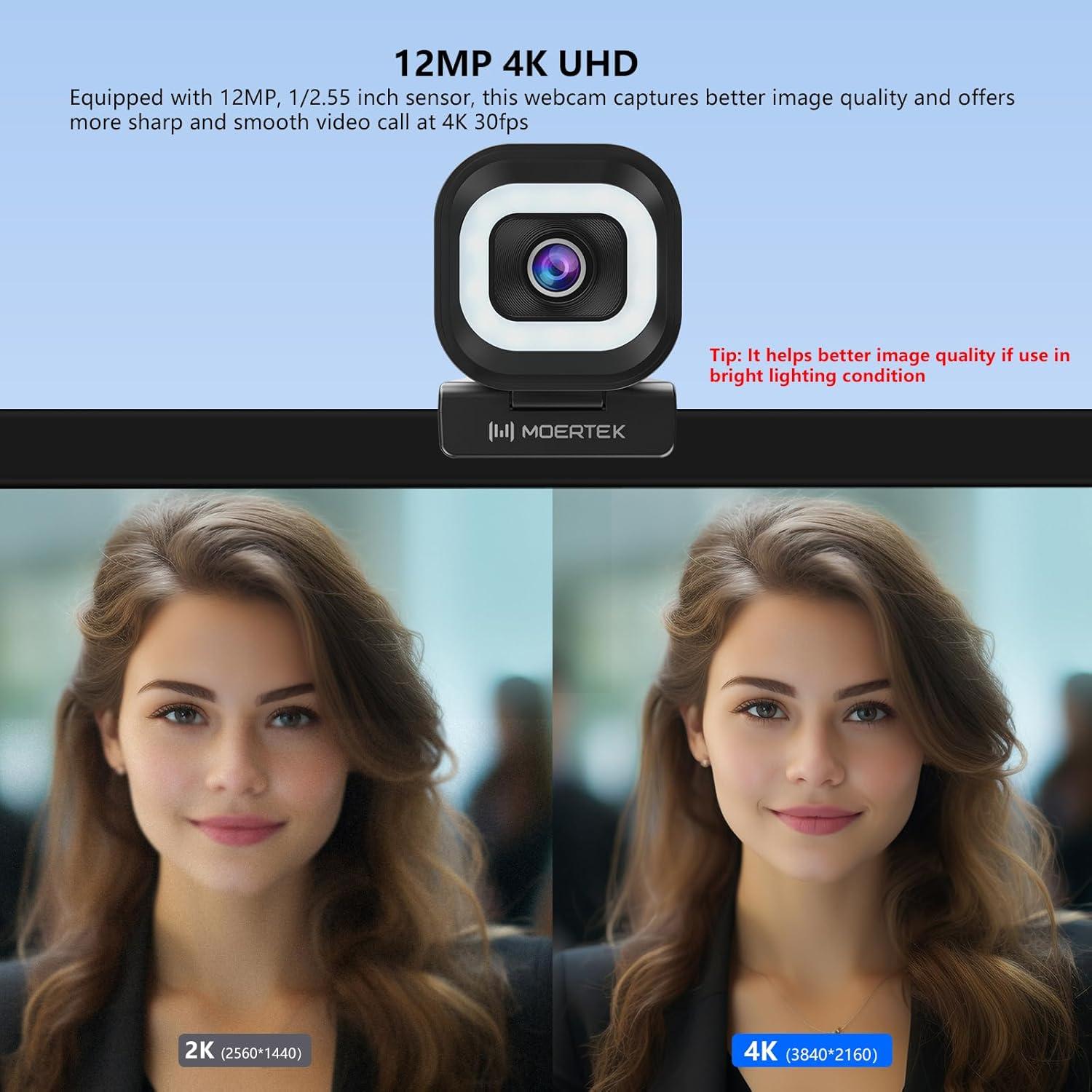 Cámara Web 4K MOERTEK MT608 con Luz LED y Micrófonos Dual