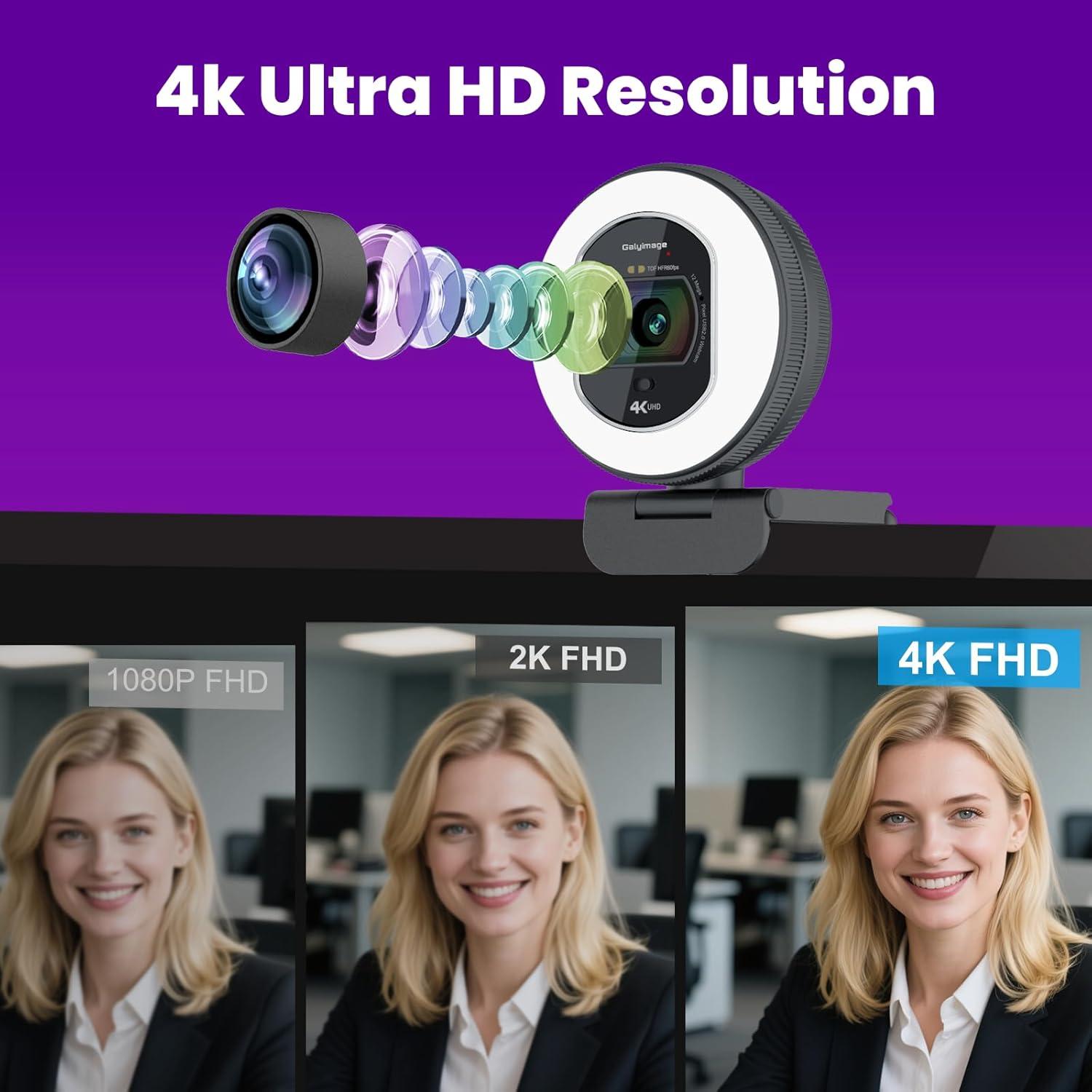 Cámara Web 4K Galyimage con Iluminación Ajustable y Autofoco
