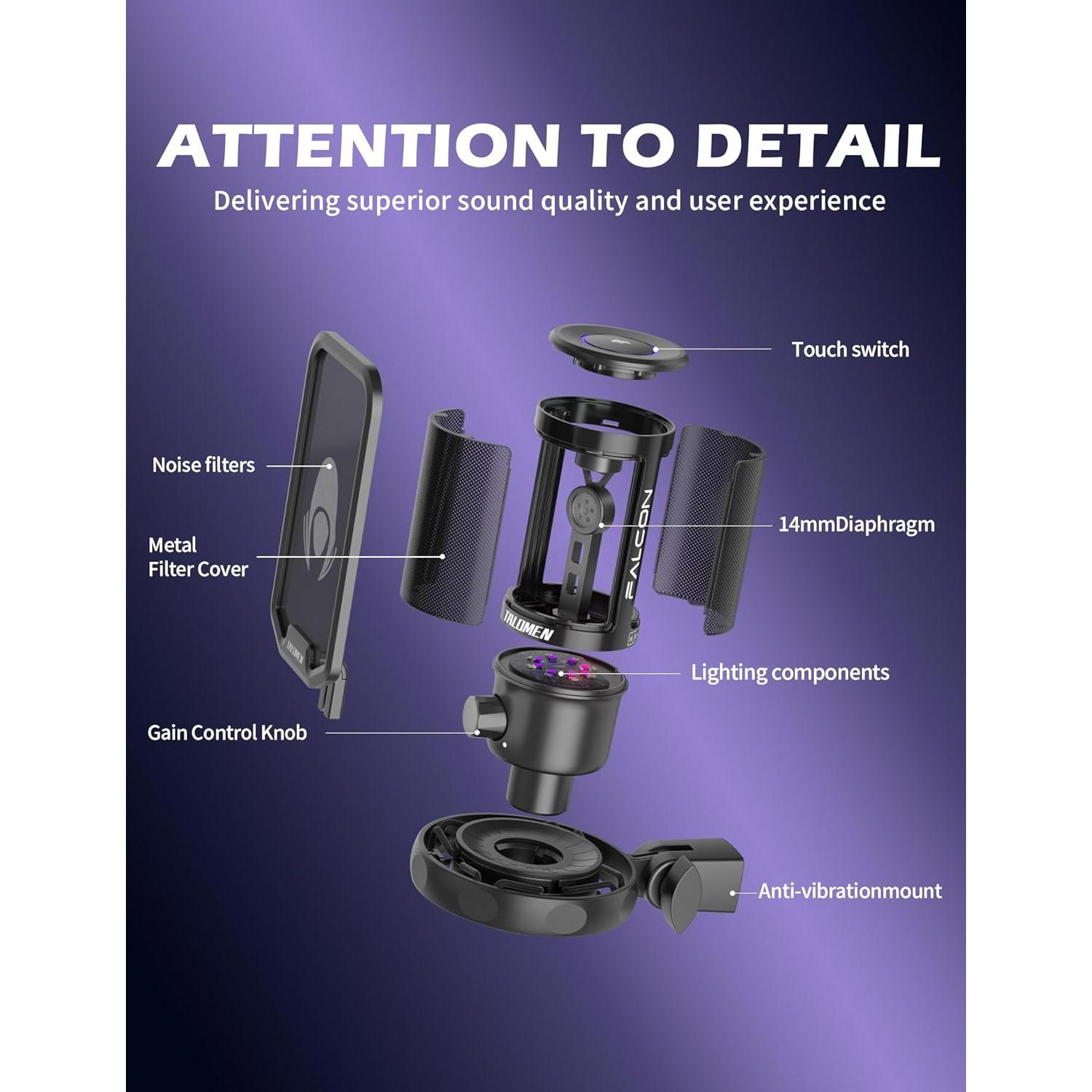 Micrófono Gaming USB TALOMEN Falcon 8 con RGB y Silencio Rápido