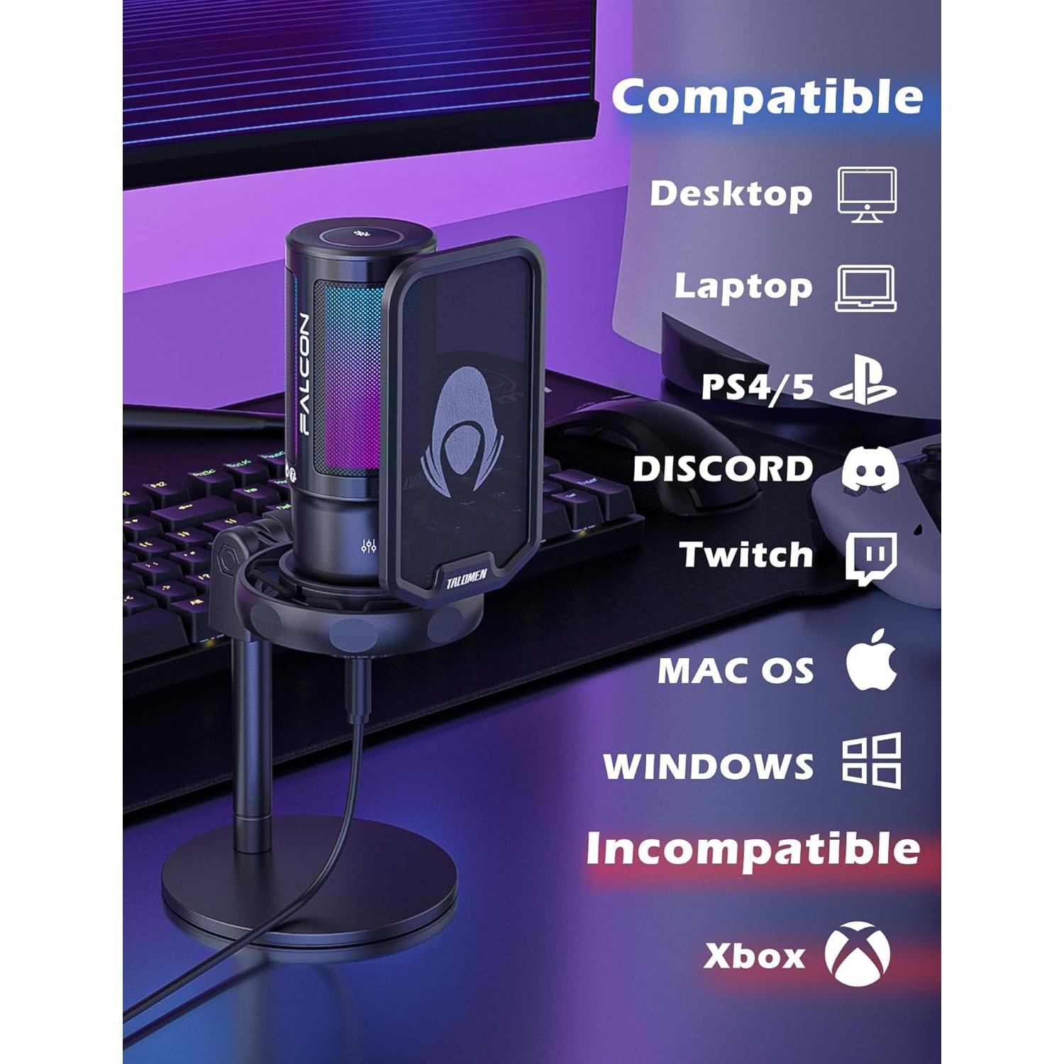 Micrófono Gaming USB TALOMEN Falcon 8 con RGB y Silencio Rápido