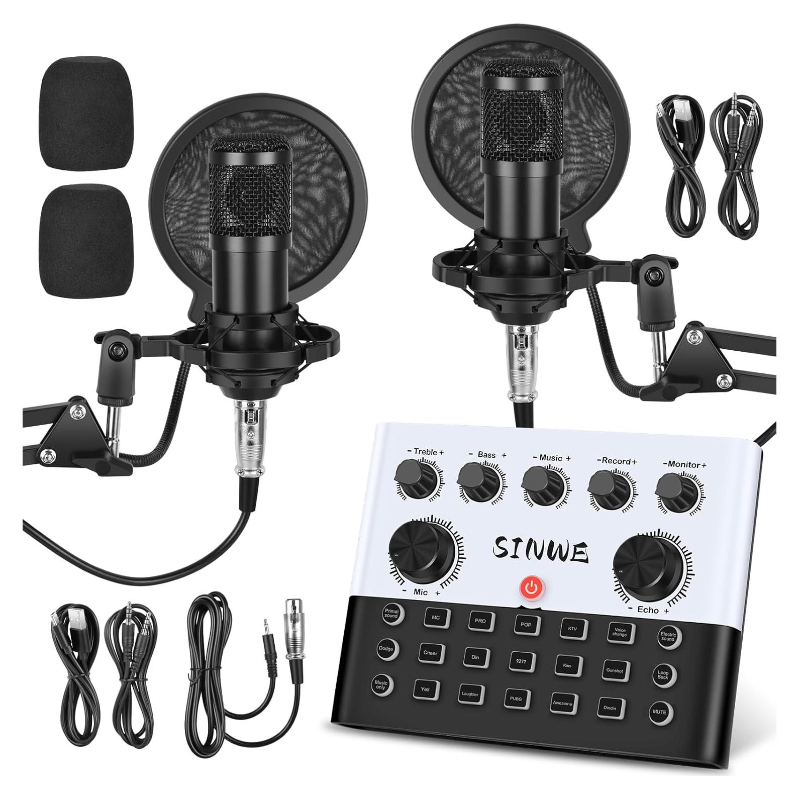 Kit de Podcast SINWE F993 para 2 con Micrófonos y Tarjeta de Sonido