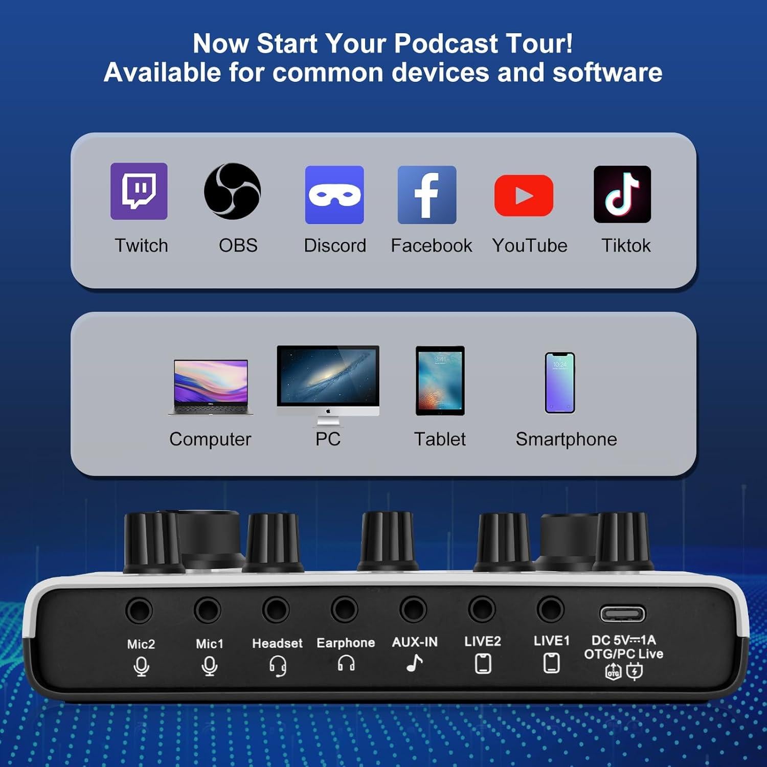 Kit de Podcast SINWE F993 para 2 con Micrófonos y Tarjeta de Sonido