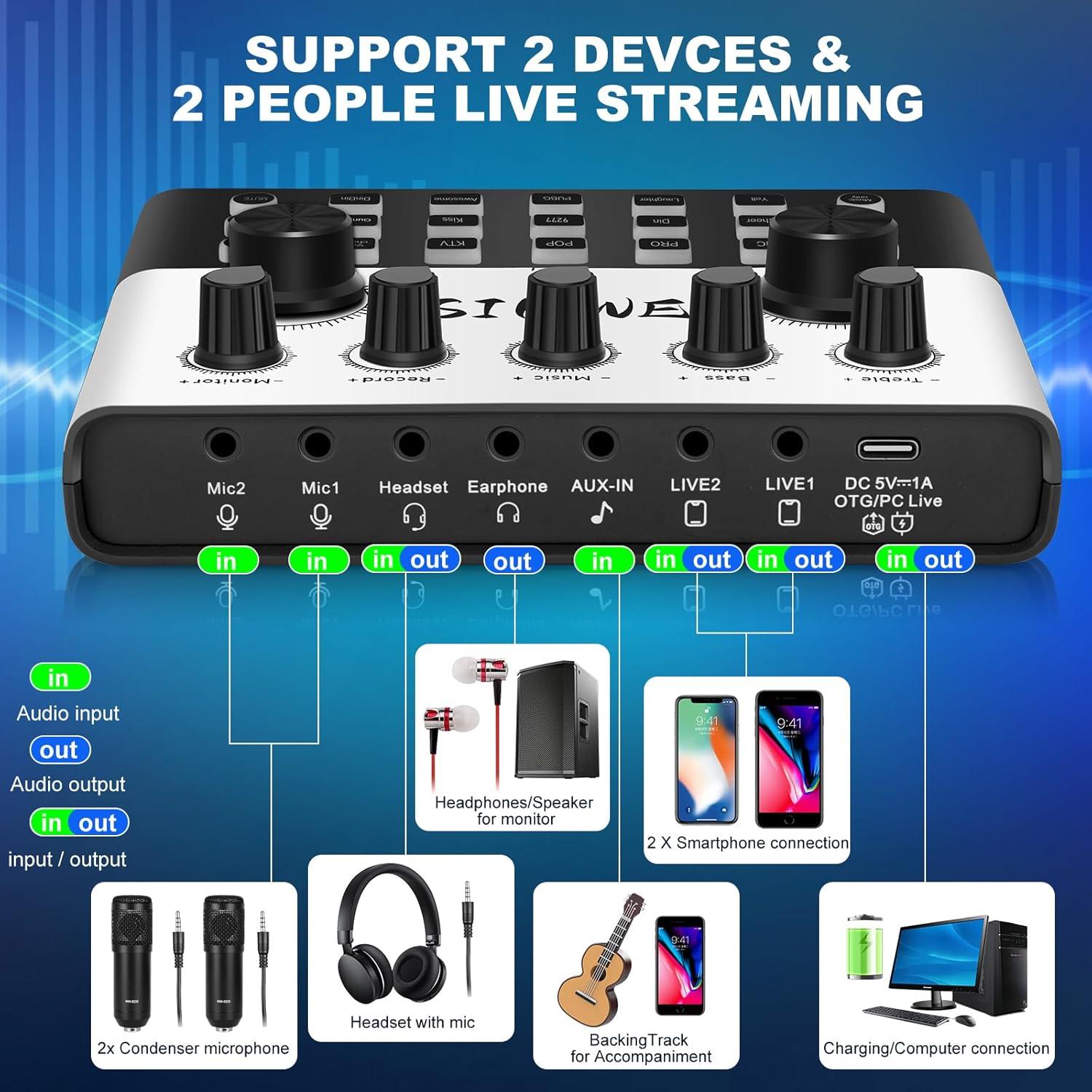 Kit de Podcast SINWE F993 para 2 con Micrófonos y Tarjeta de Sonido