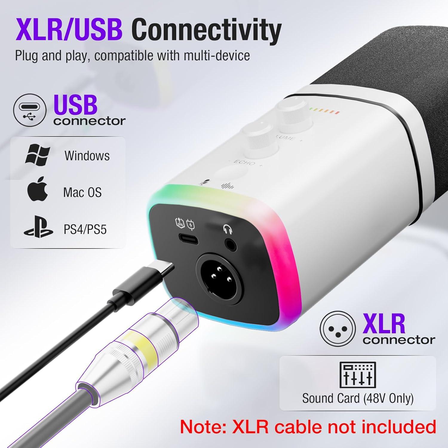 Micrófono Dinámico USB/XLR Facmogu YU8 para Juegos con RGB