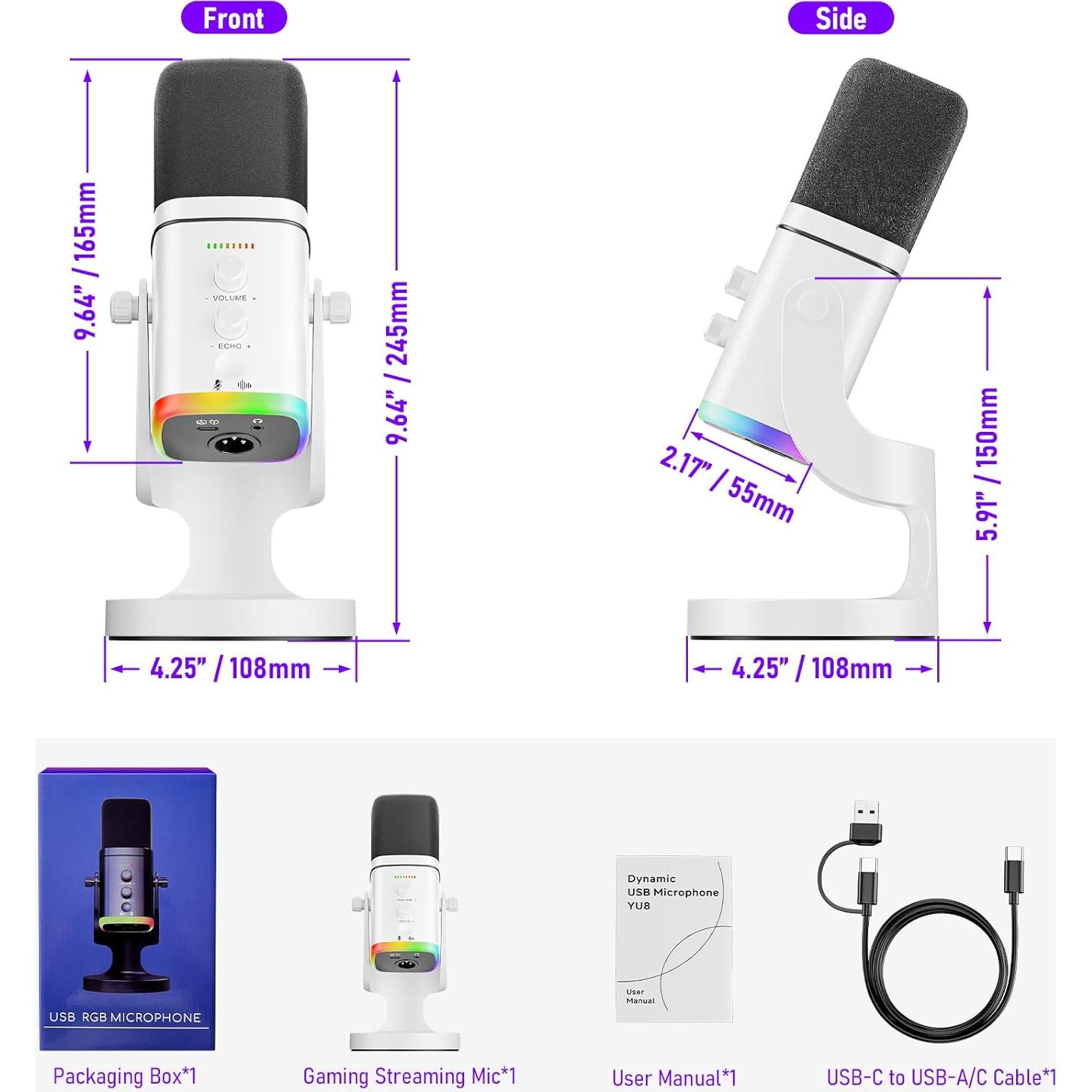 Micrófono Dinámico USB/XLR Facmogu YU8 para Juegos con RGB