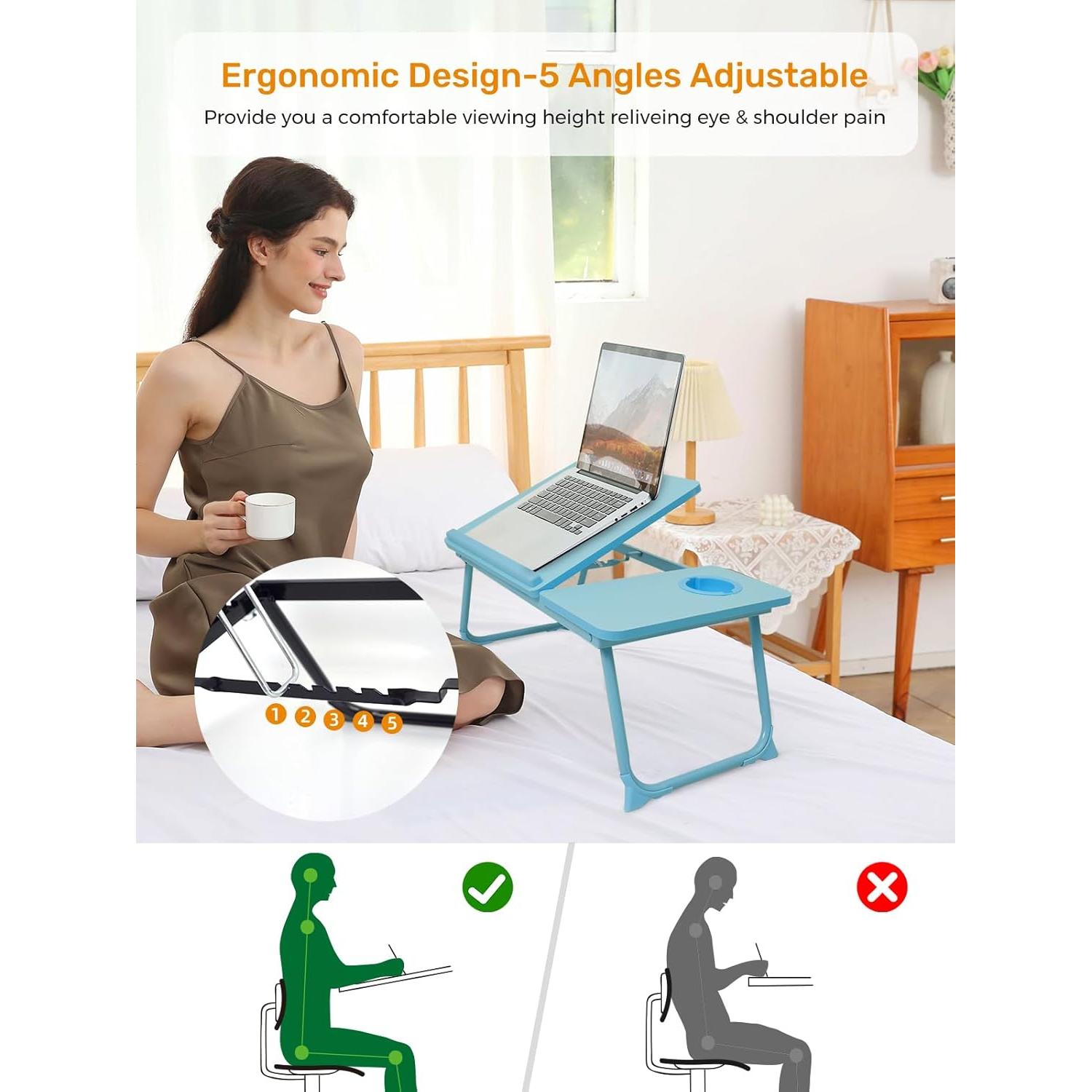 Mesa de cama ajustable Onejiafu azul, portátil y plegable