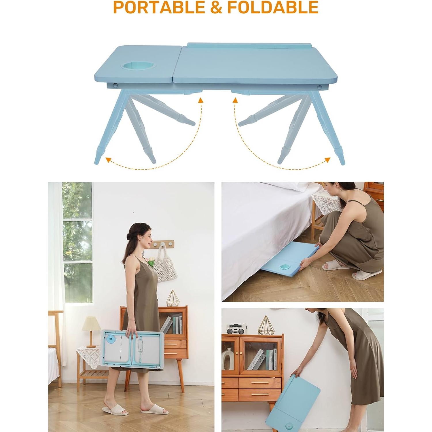 Mesa de cama ajustable Onejiafu azul, portátil y plegable
