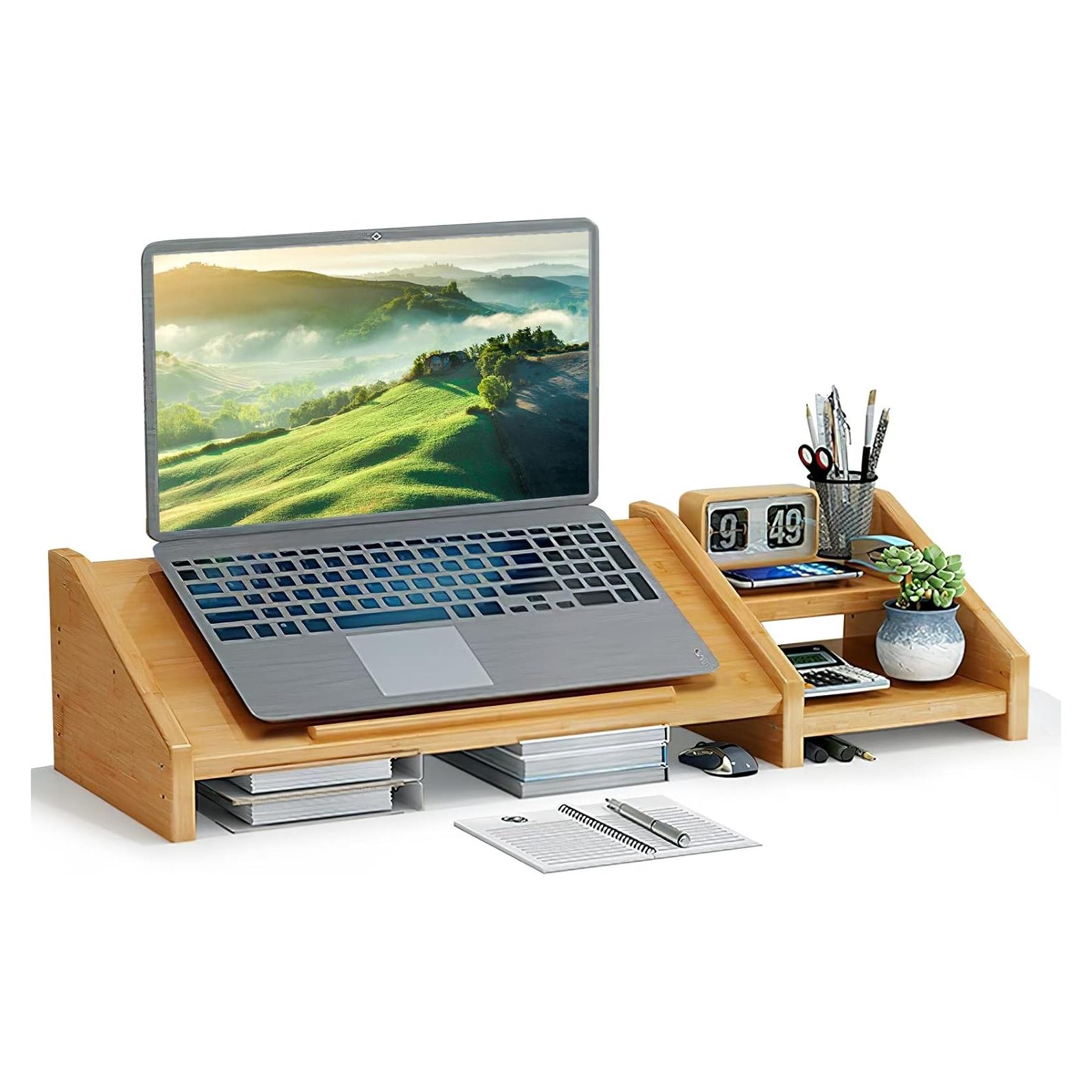Soporte de Laptop Ufine de Bambú Ajustable con Estante 2 Niveles