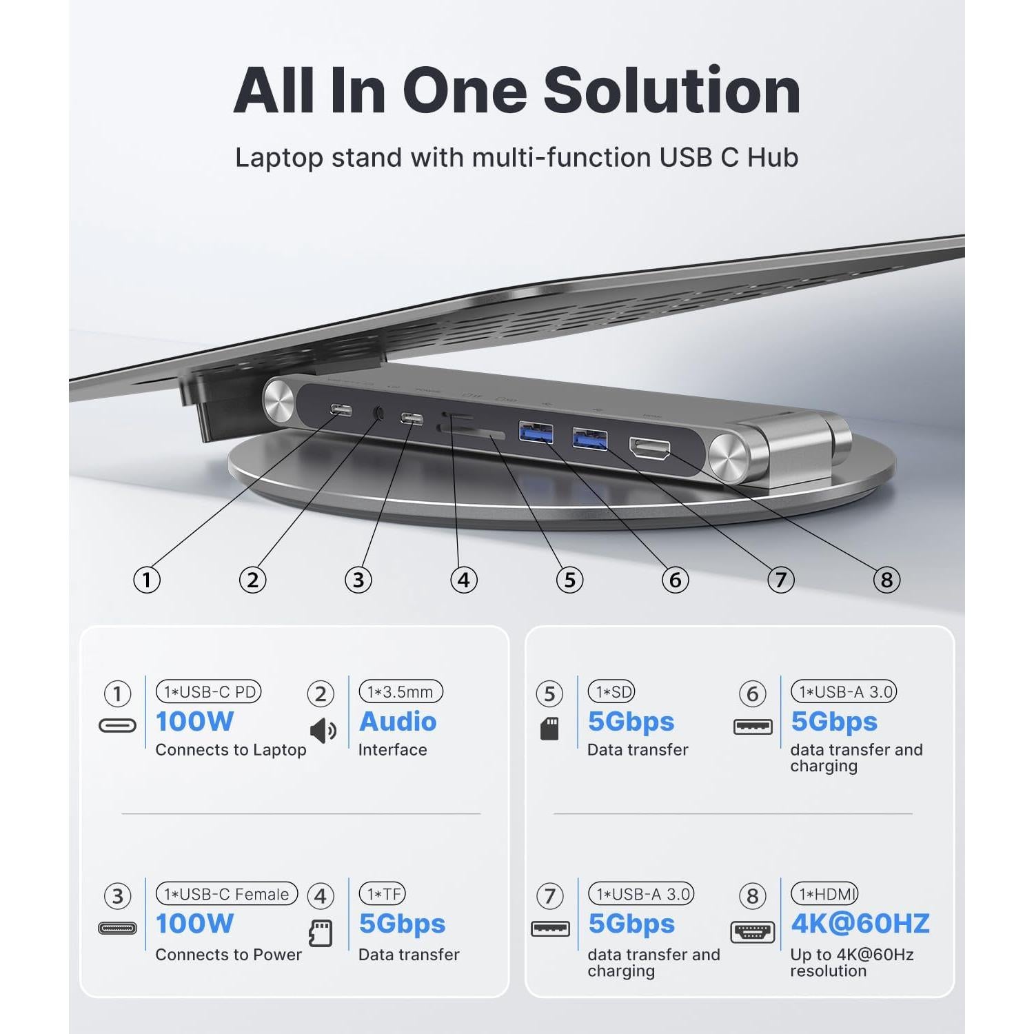 Soporte de Laptop Ajustable Kuxiu 8 en 1 USB-C 10-17" Gris