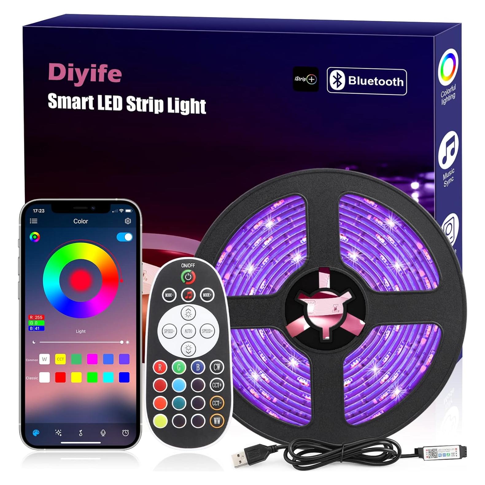Tira LED RGB 5m Diyife con control remoto y app, Bluetooth