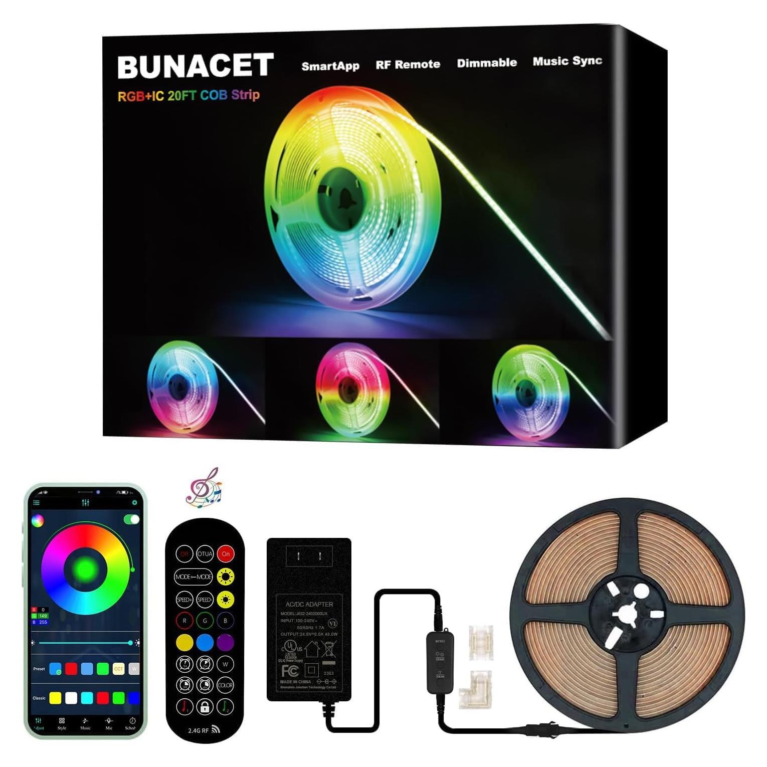 Tira LED COB RGB 20FT BUNACET con Control Remoto y App