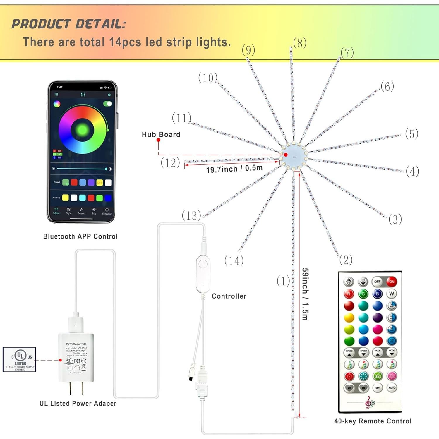 Luces LED de Fuegos Artificiales Noddy 14pcs RGBIC Control APP