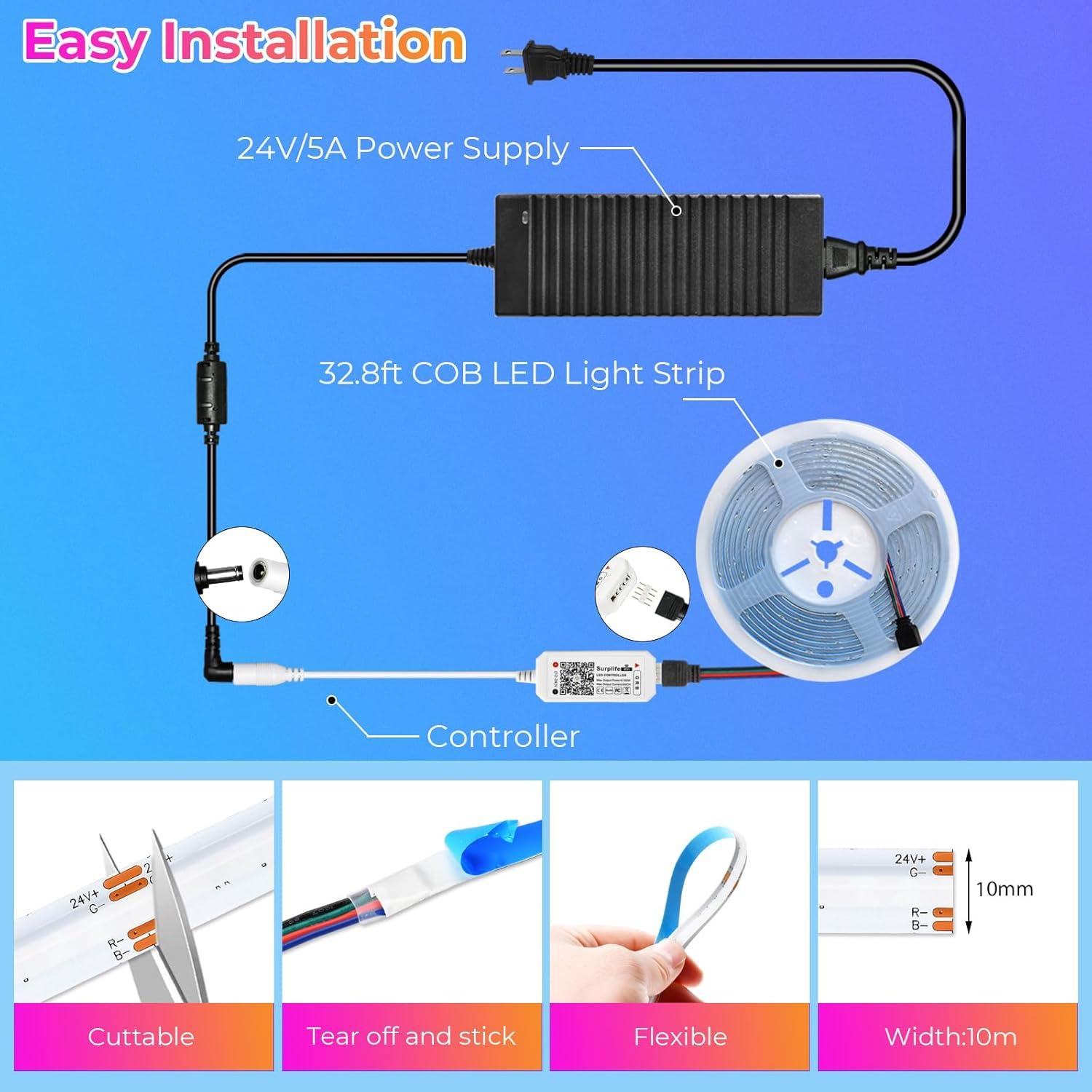 Tira LED COB RGB INDARUN 24V 10M 5760 LEDs Control Remoto