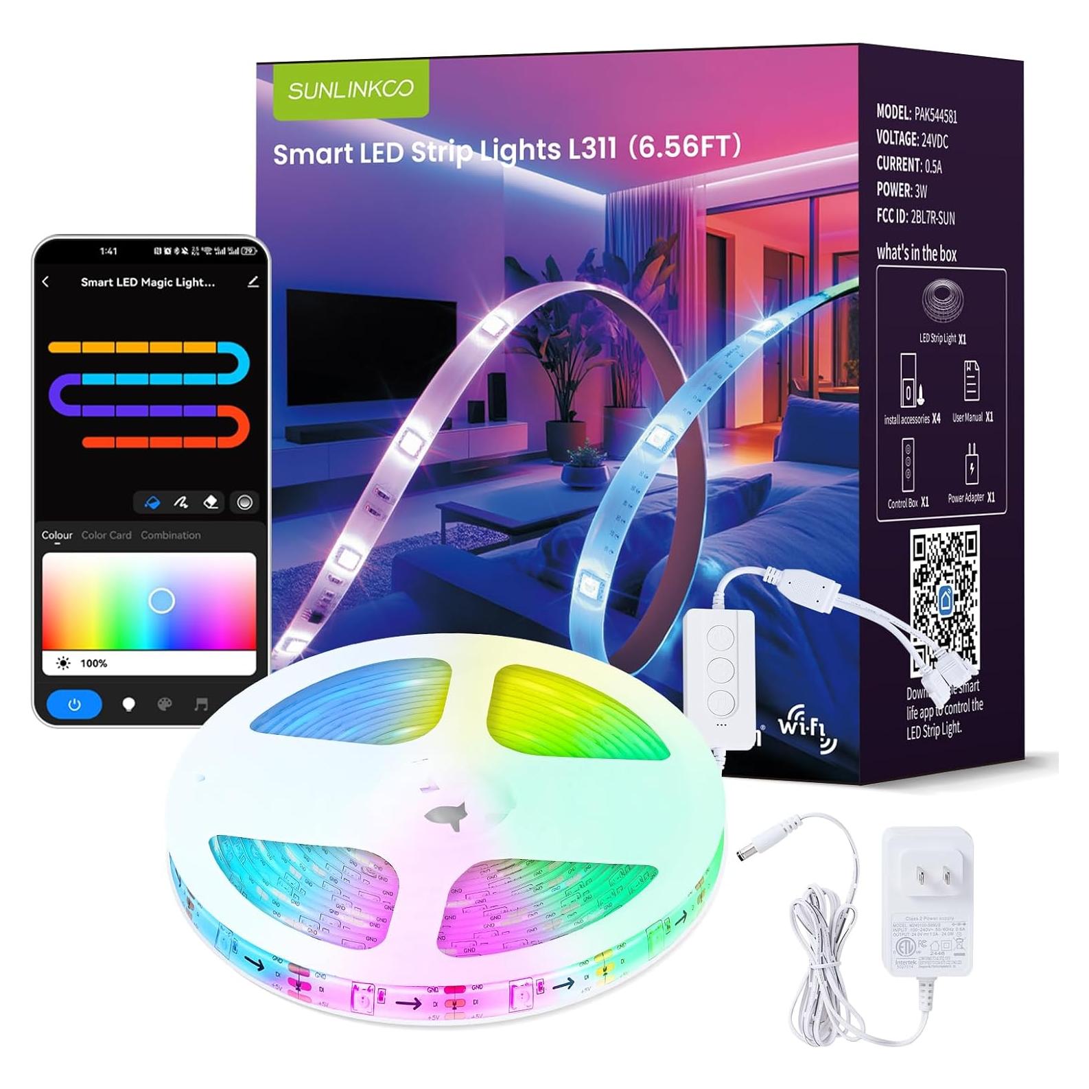 Tira LED RGB+IC 2m SUNLINKCO, Luz Inteligente Bluetooth