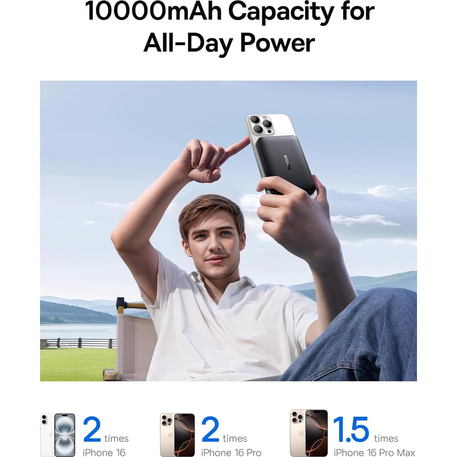 Cargador Portátil Baseus 10000mAh Qi2 15W Inalámbrico Negro