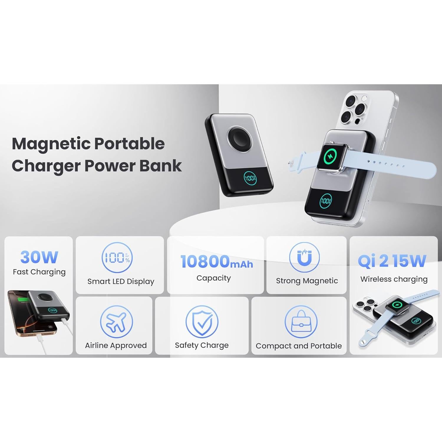 Cargador Portátil Magnético Feob 10800mAh Qi2 15W USB-C