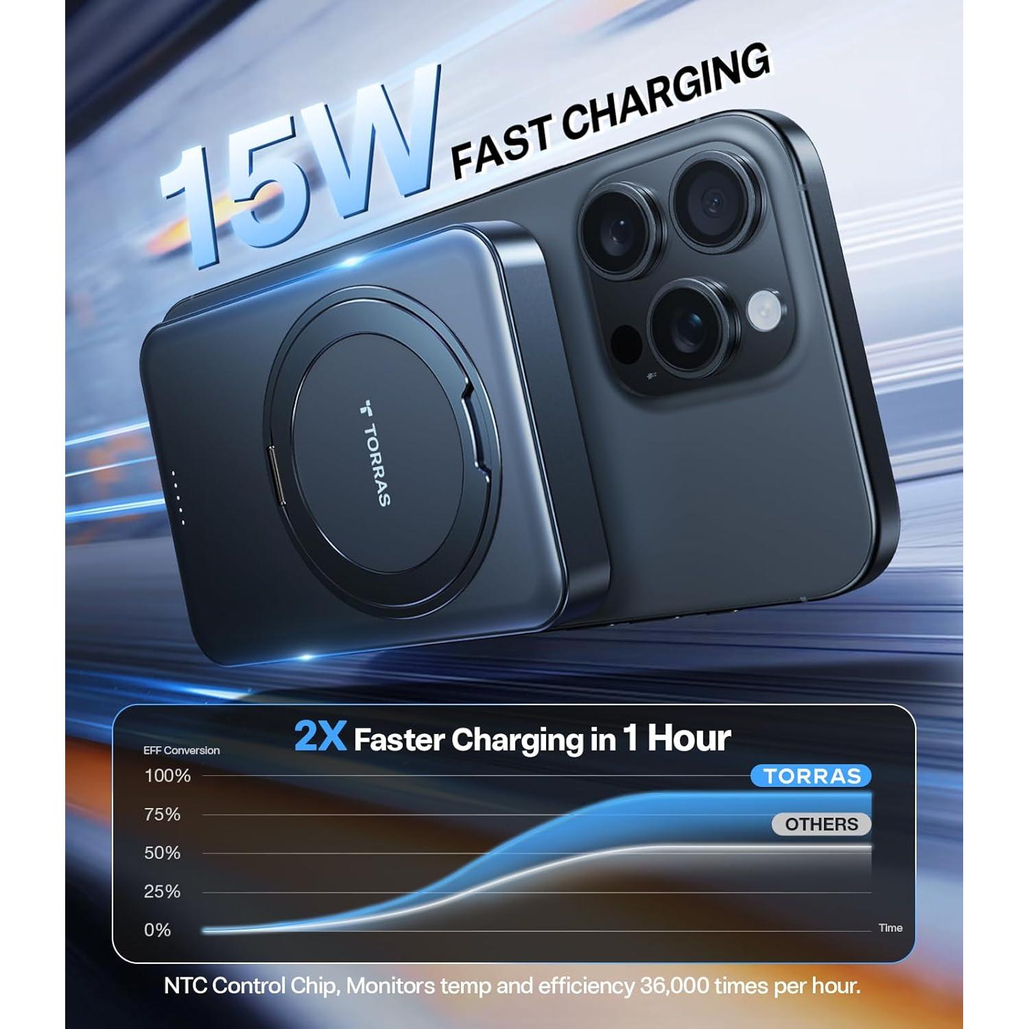 Cargador Portátil TORRAS 10,000mAh Qi2 15W MagSafe Negro