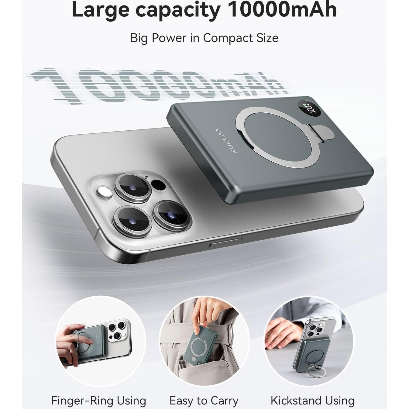 Banco de Poder Magnético Kuulaa 10000mAh PD 20W USB-C Gris