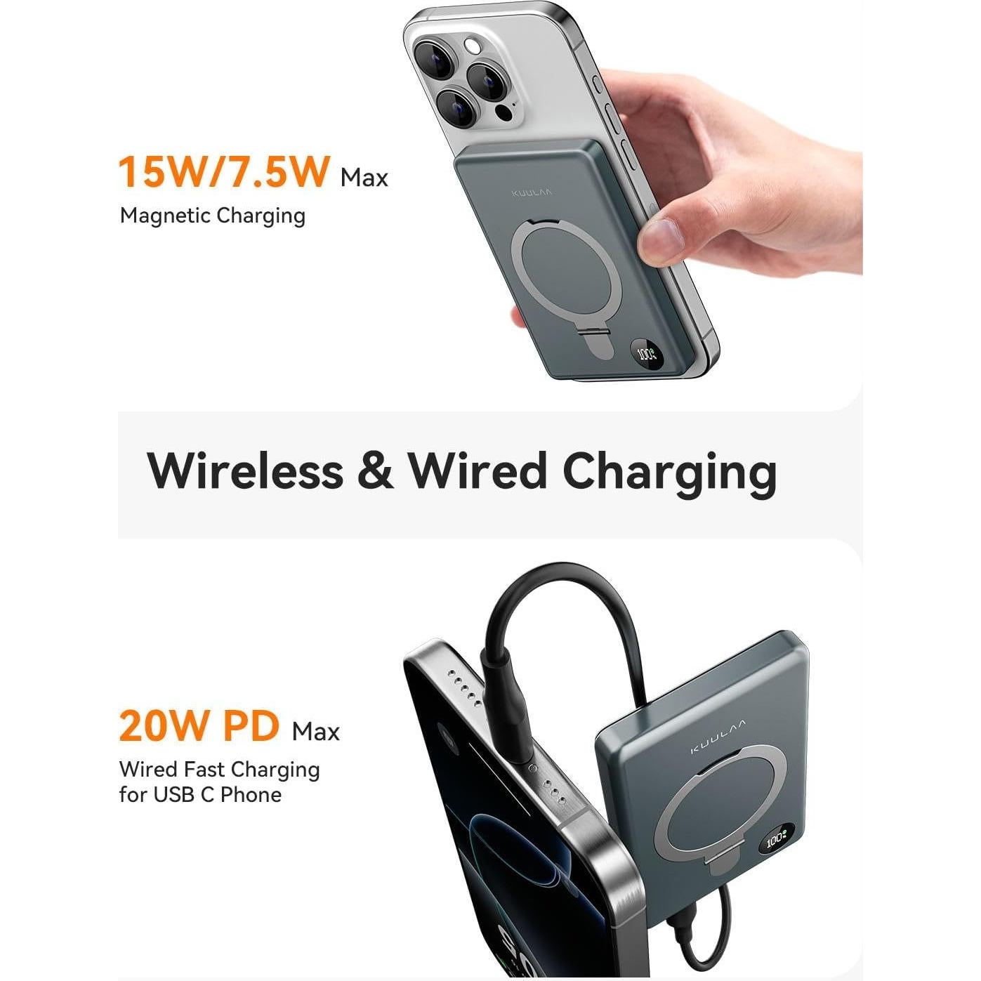 Banco de Poder Magnético Kuulaa 10000mAh PD 20W USB-C Gris