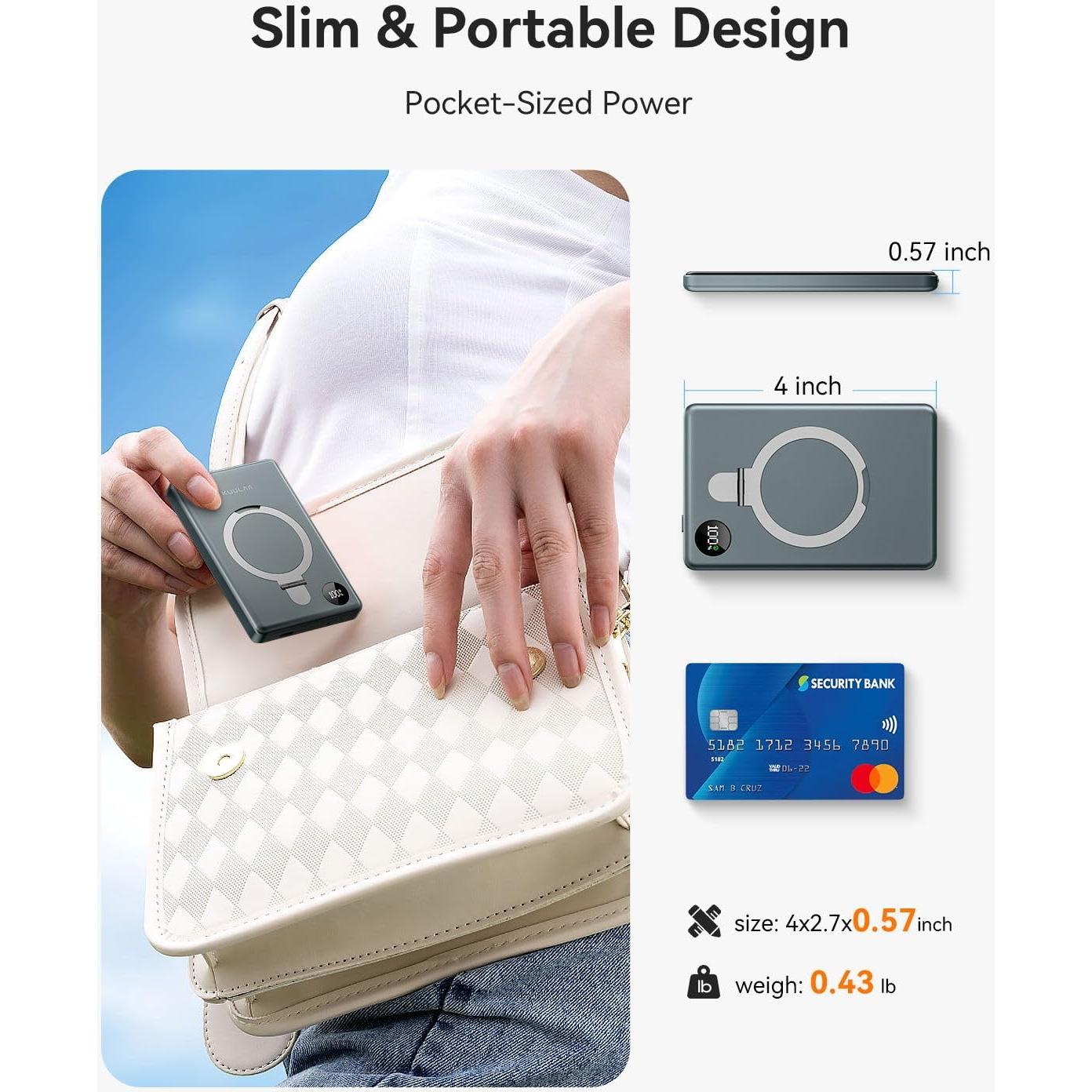 Banco de Poder Magnético Kuulaa 10000mAh PD 20W USB-C Gris