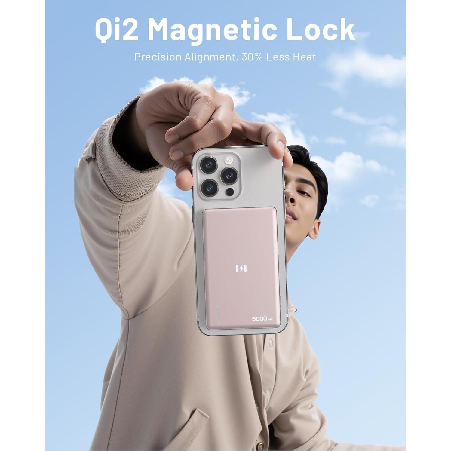 Power Bank Magnético 5000mAh Carga Inalámbrica 15W Rosa