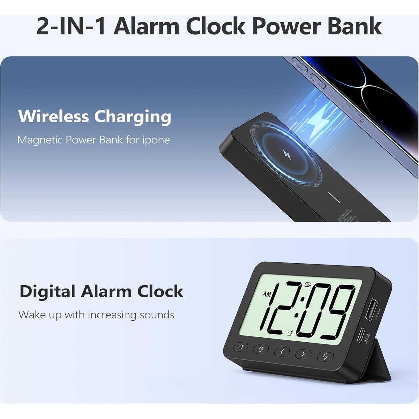 Reloj de Alarma Digital ANJANK 6000mAh Cargador Inalámbrico