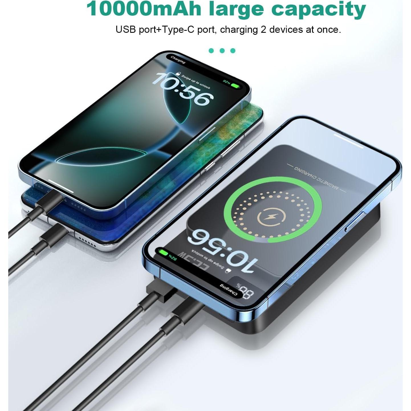 Banco de Energía 10000mAh 22.5W Carga Inalámbrica Magnética Negro