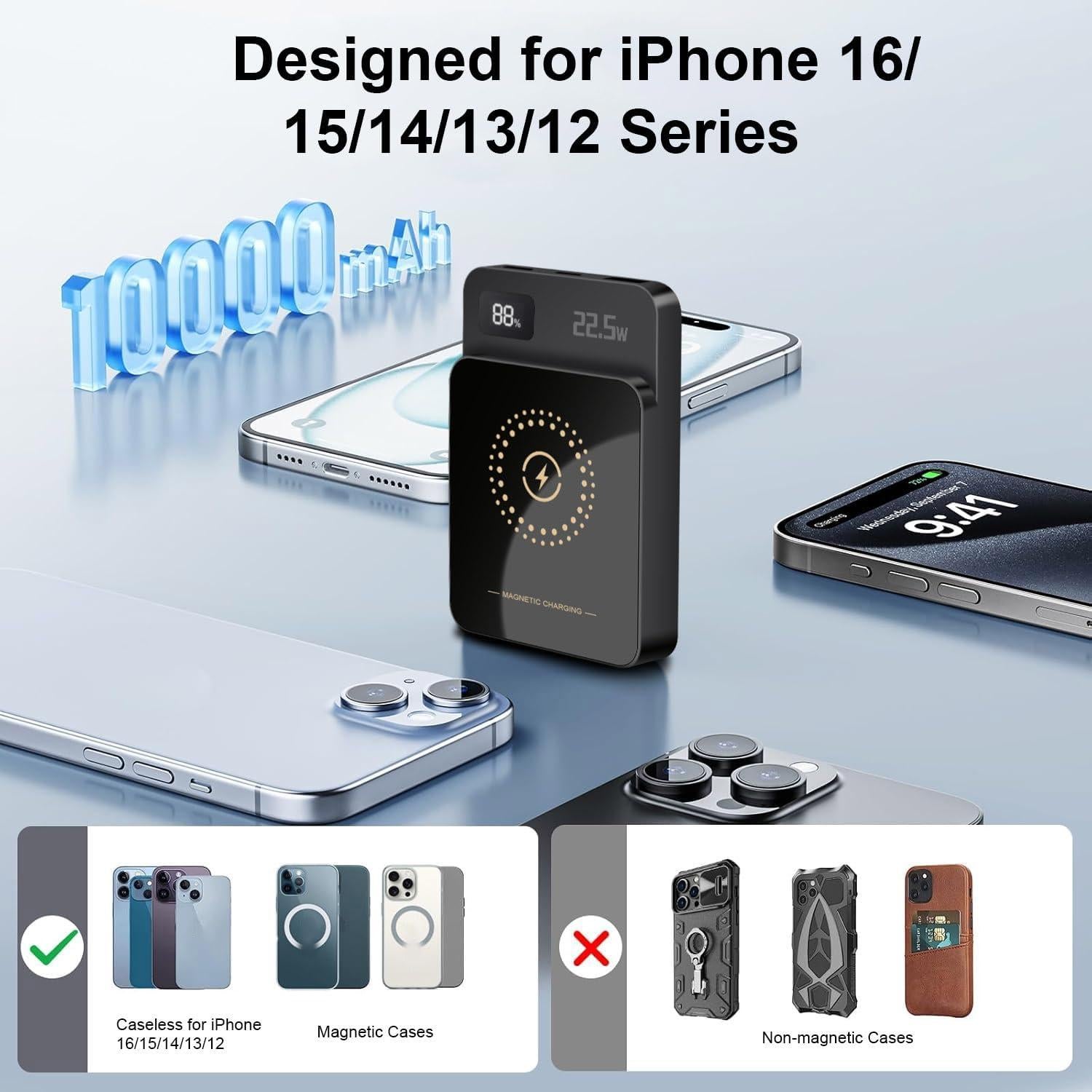 Banco de Energía 10000mAh 22.5W Carga Inalámbrica Magnética Negro