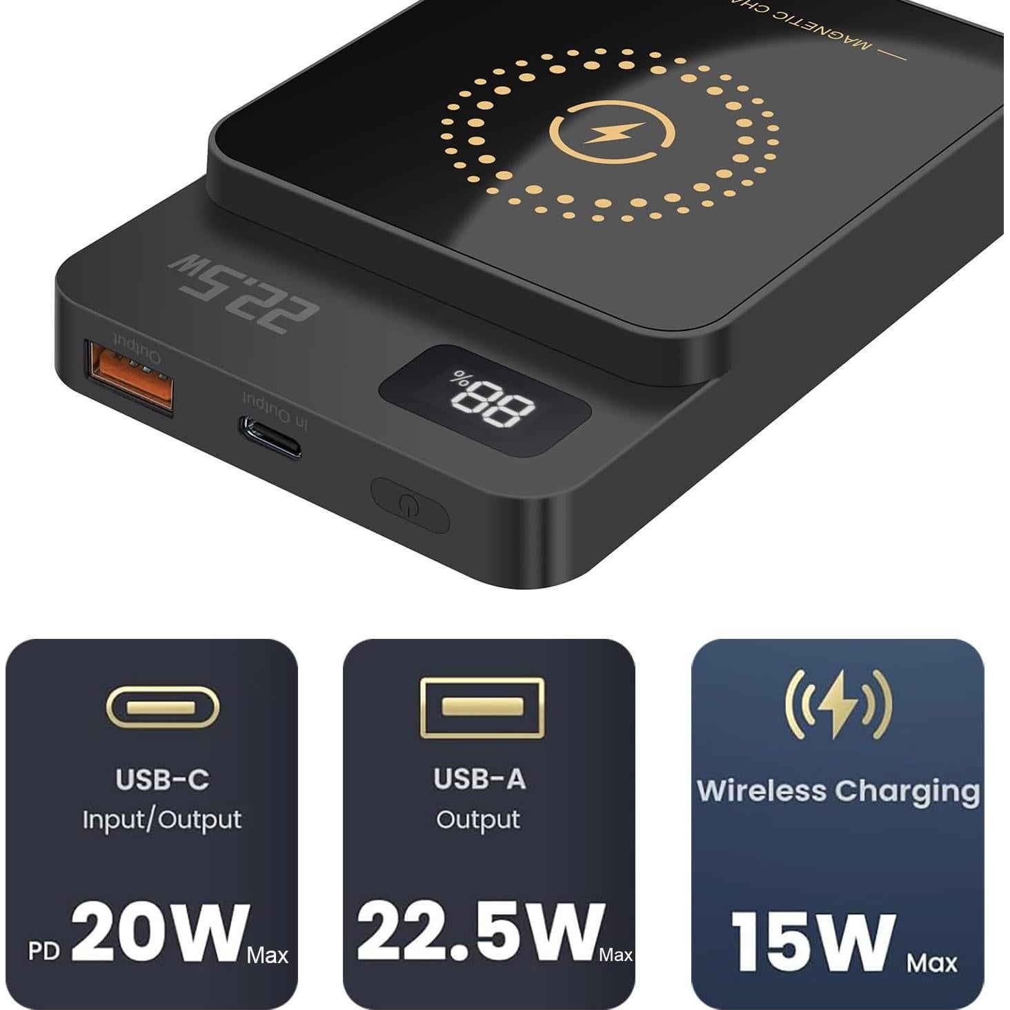 Banco de Energía 10000mAh 22.5W Carga Inalámbrica Magnética Negro