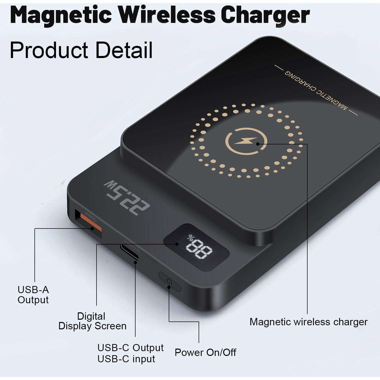 Banco de Energía 10000mAh 22.5W Carga Inalámbrica Magnética Negro