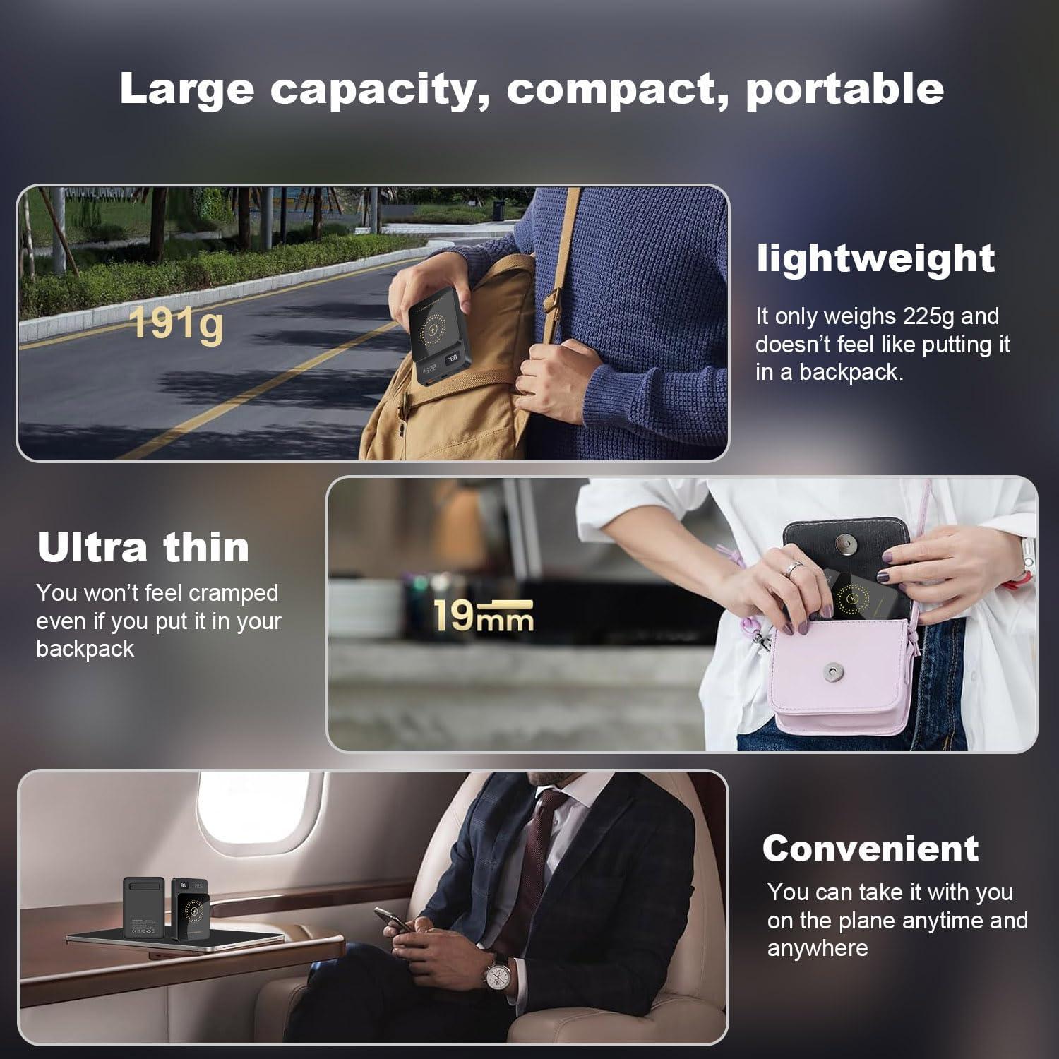 Banco de Energía 10000mAh 22.5W Carga Inalámbrica Magnética Negro