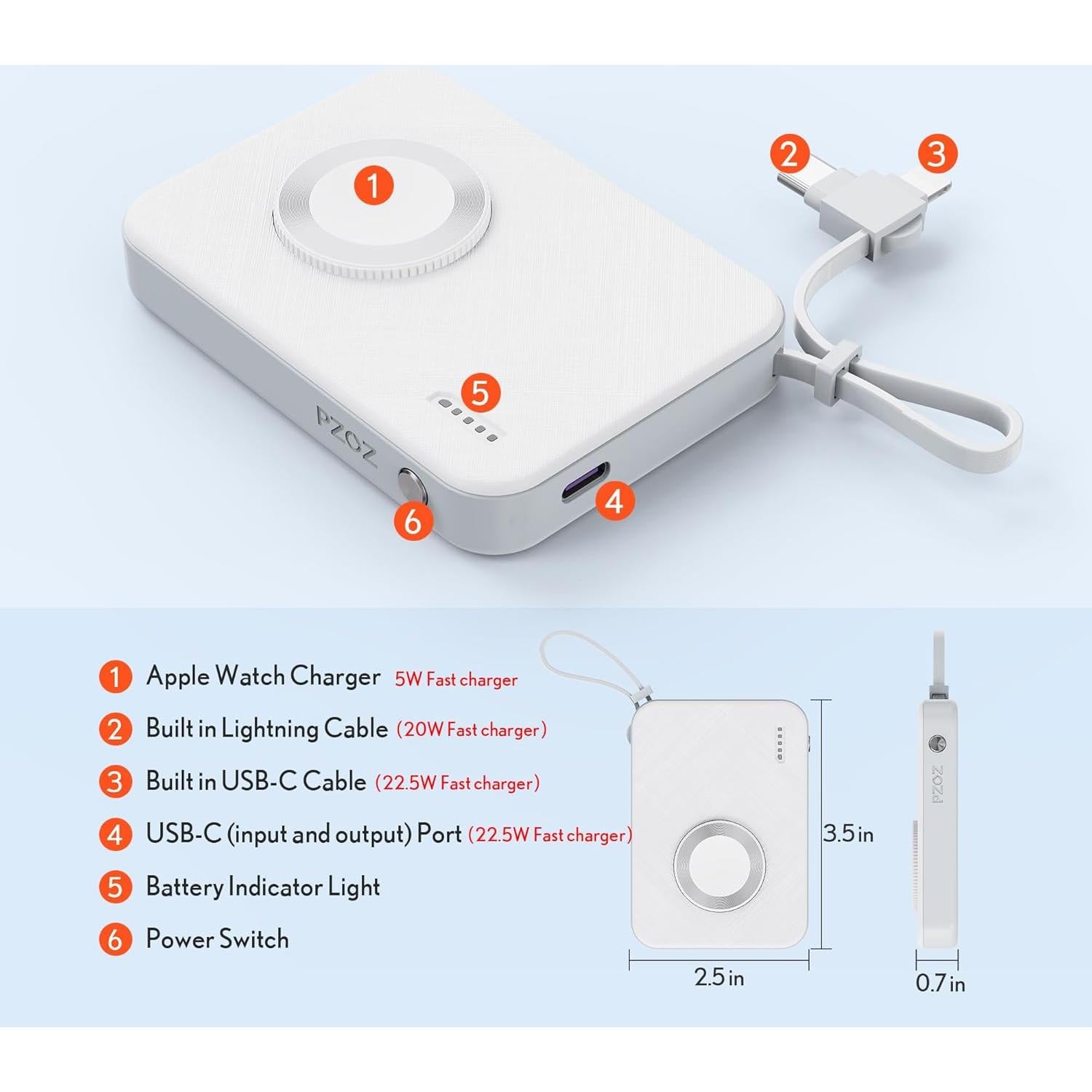 Banco de Poder PZOZ 5000mAh Carga Rápida para Apple Watch