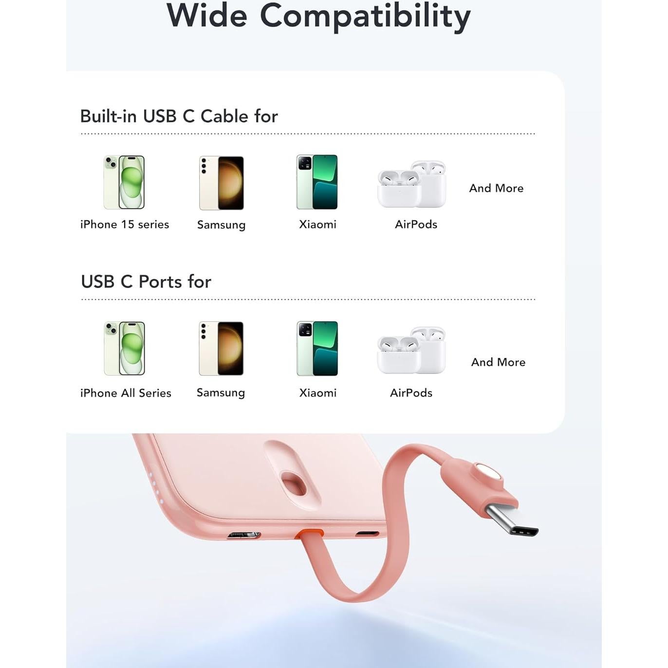 Cargador Portátil VEEKTOMX 5000mAh USB-C Rosa Delgado