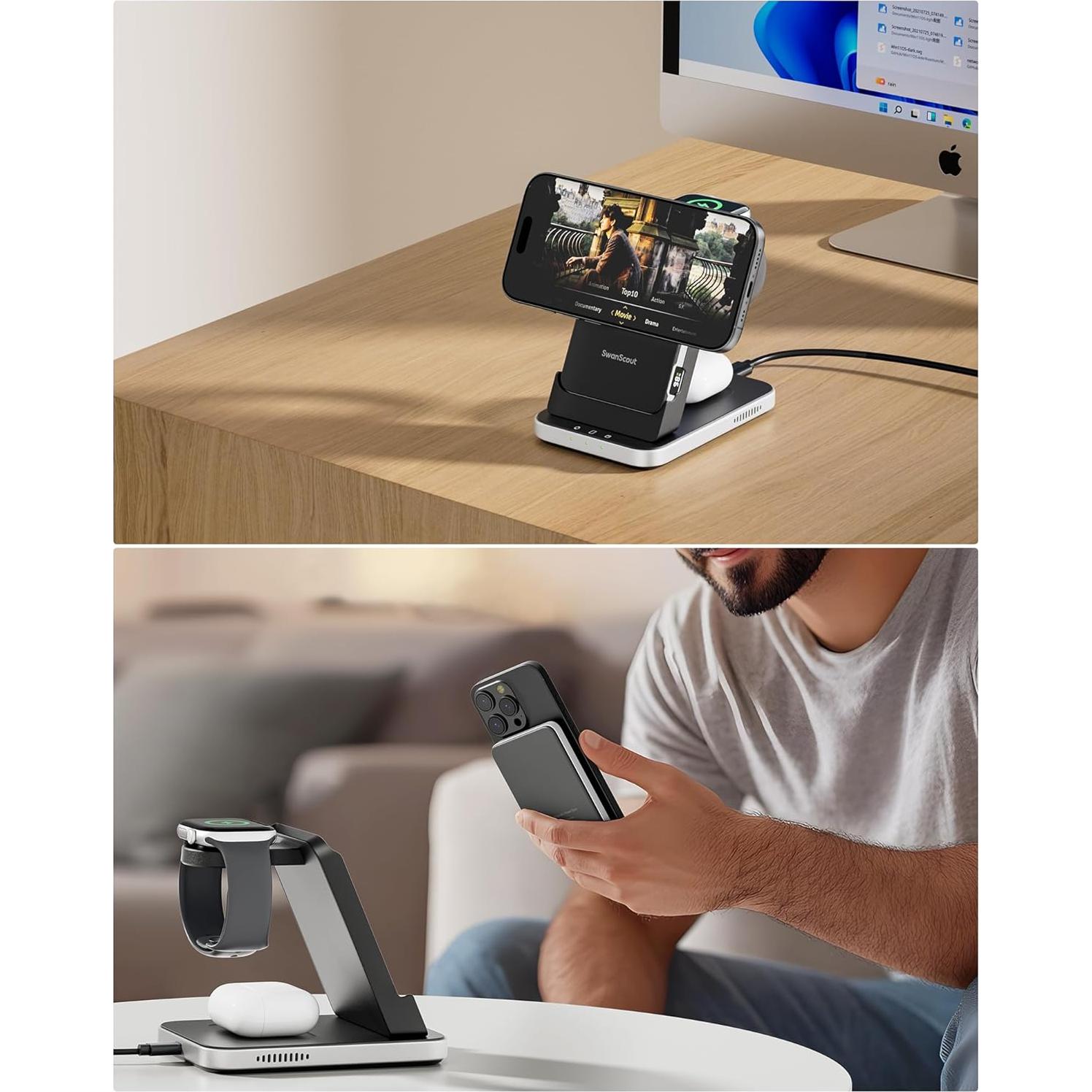 Cargador Inalámbrico 3 en 1 SwanScout 304M para iPhone, Apple Watch y AirPods