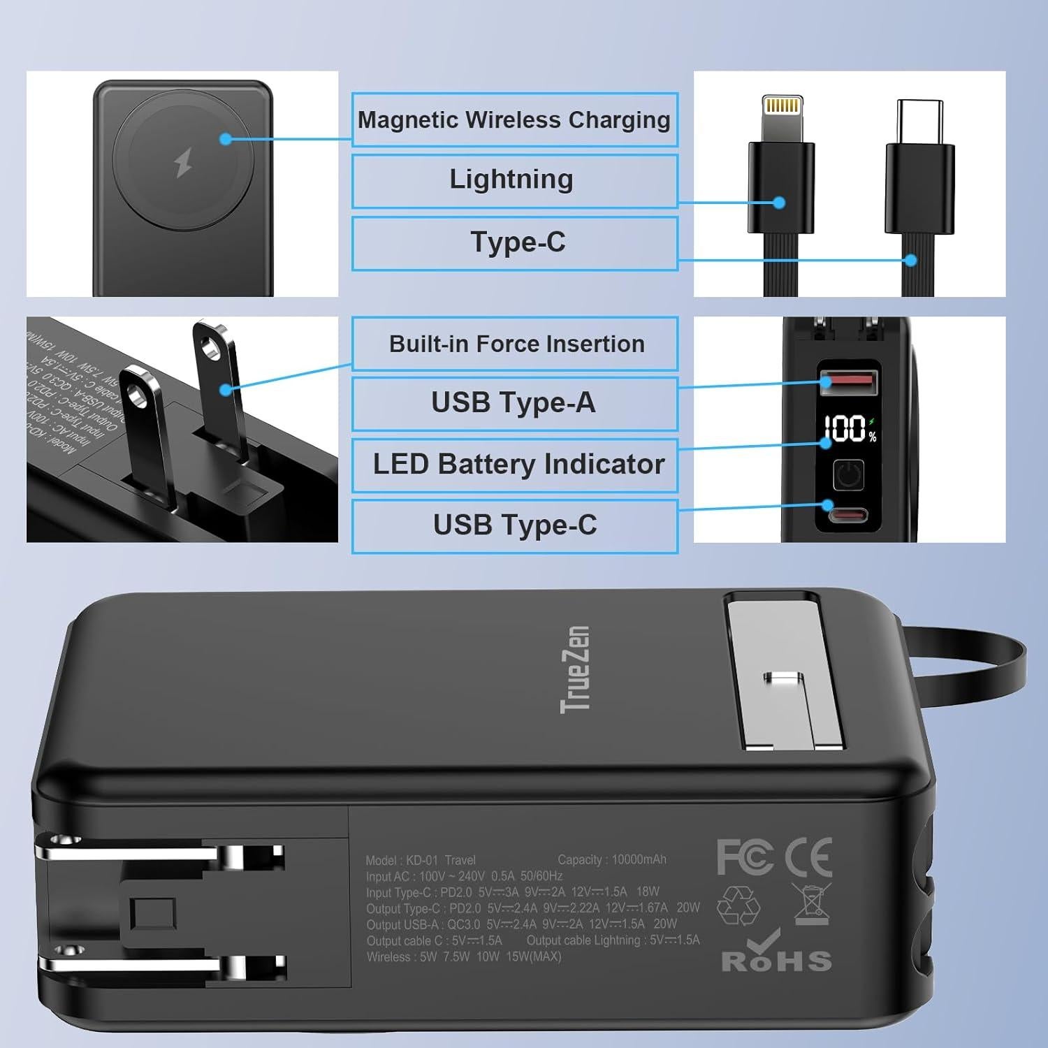 Banco de Poder Magnético 10000mAh QK para iPhone y Samsung