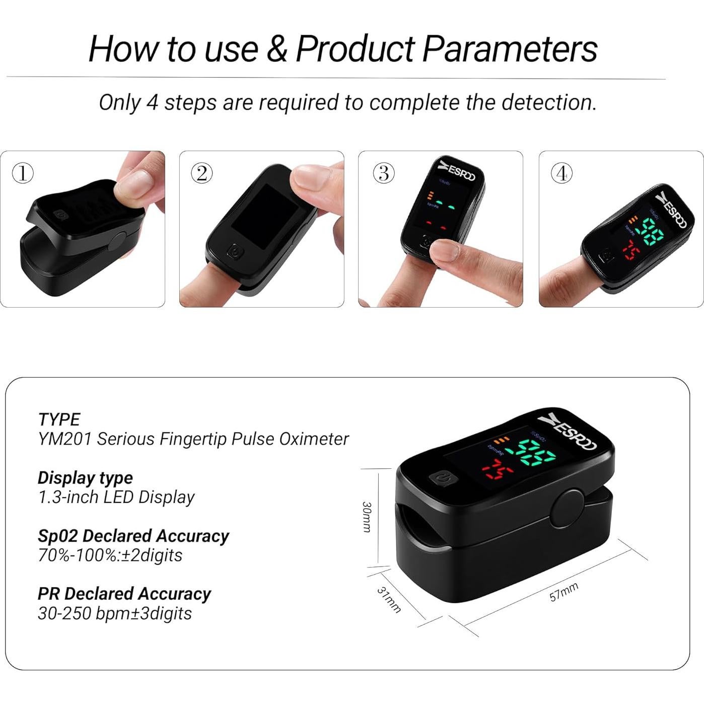 Oxímetro de Pulso ESPOO con Pantalla LED y 2 Pilas AAA