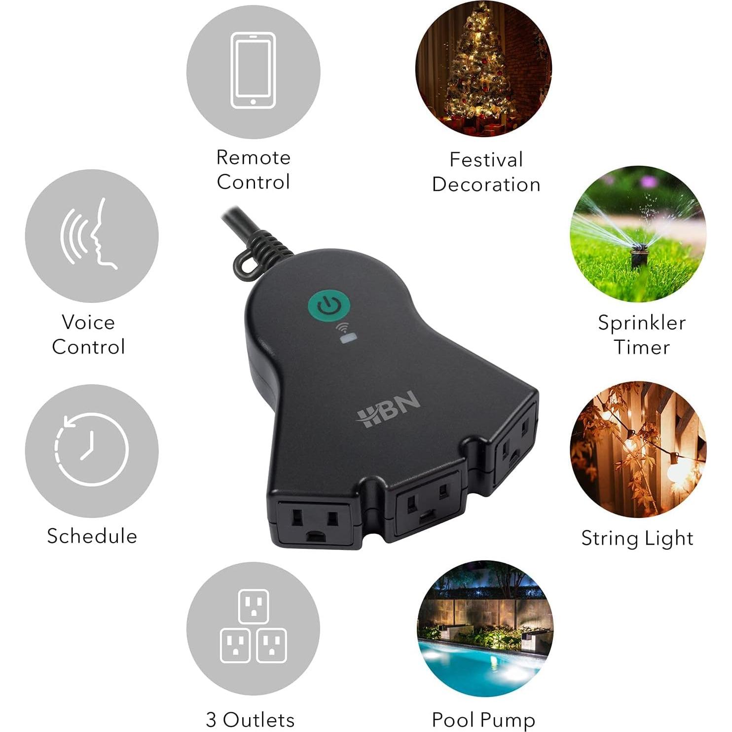 Enchufe Inteligente HBN para Exterior IP44, 3 Enchufes Controlados por Voz