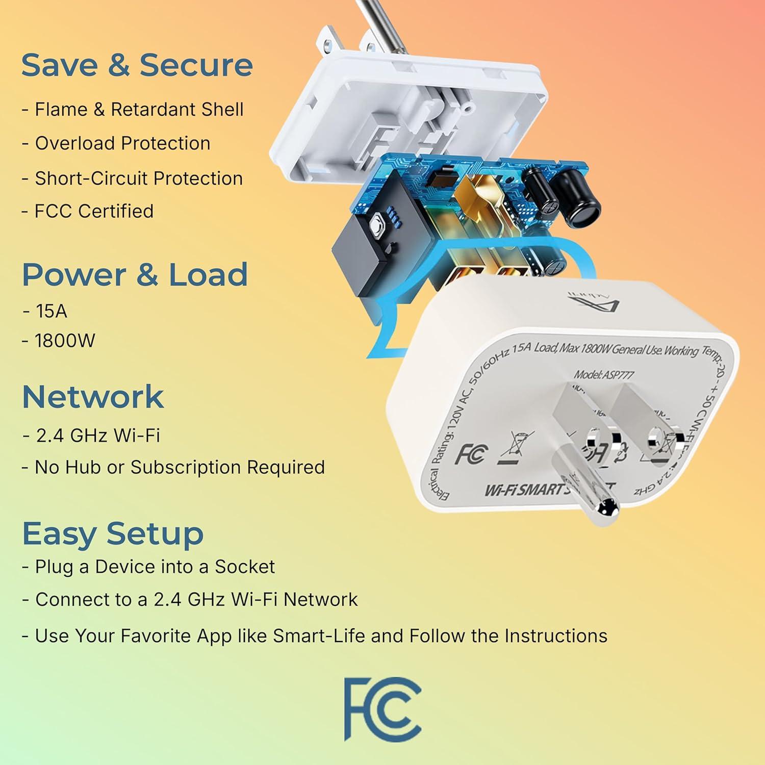 Enchufe Inteligente Adarii ASP777 15A 1800W Wi-Fi 2.4GHz