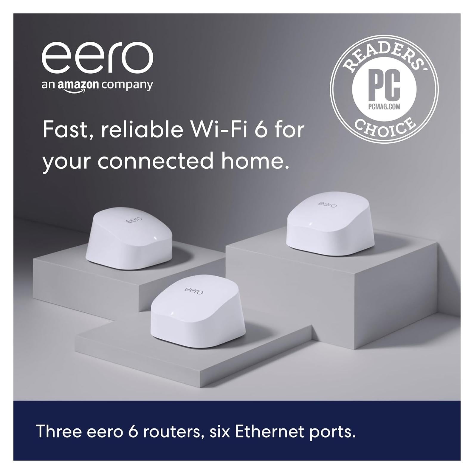 Amazon eero 6 mesh wifi system - Supports internet plans up to 500 Mbps, Coverage up to 4,500 sq. ft., Connect 75+ devices, 3-pack (3 eero 6 routers)