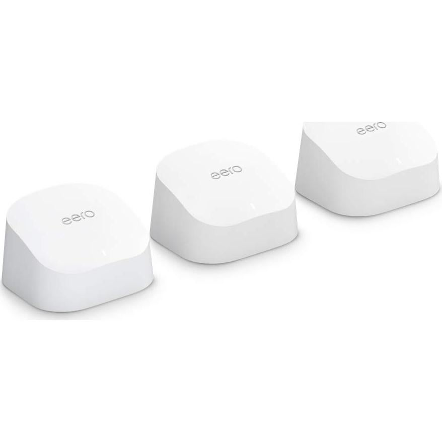 Amazon eero 6 mesh wifi system - Supports internet plans up to 500 Mbps, Coverage up to 4,500 sq. ft., Connect 75+ devices, 3-pack (3 eero 6 routers)