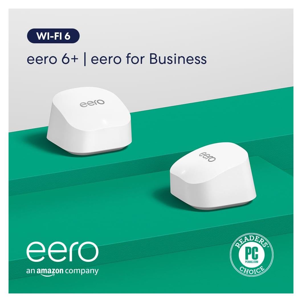 Amazon eero 6+ mesh wifi system with 1 month free eero Business (auto-renews annually) - Coverage up to 3,000 sq. ft., Connect 75+ devices, 2-pack