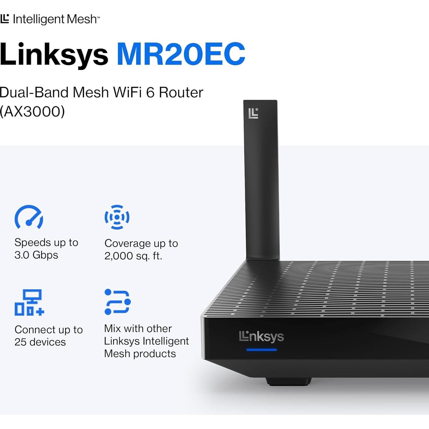 Enrutador Mesh WiFi 6 Linksys MR20EC Doble Banda 3.0 Gbps