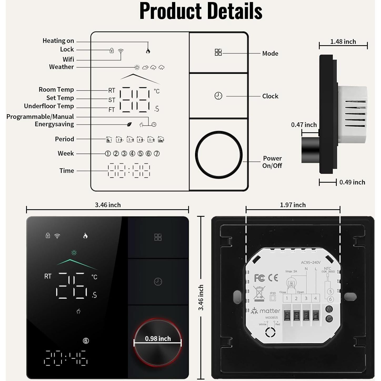 Termostato Inteligente Bestechy BHT-18GBLW-MT WiFi 240V