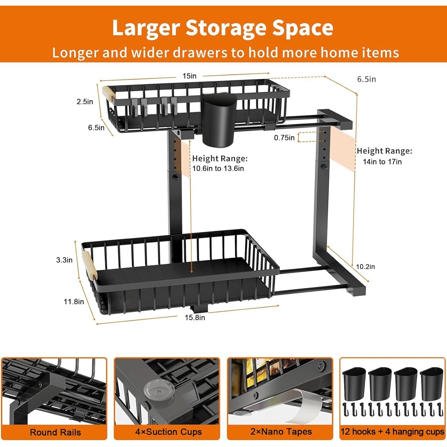 Organizador Bajo Fregadero GREAPA 2 Niveles Ajustable Negro