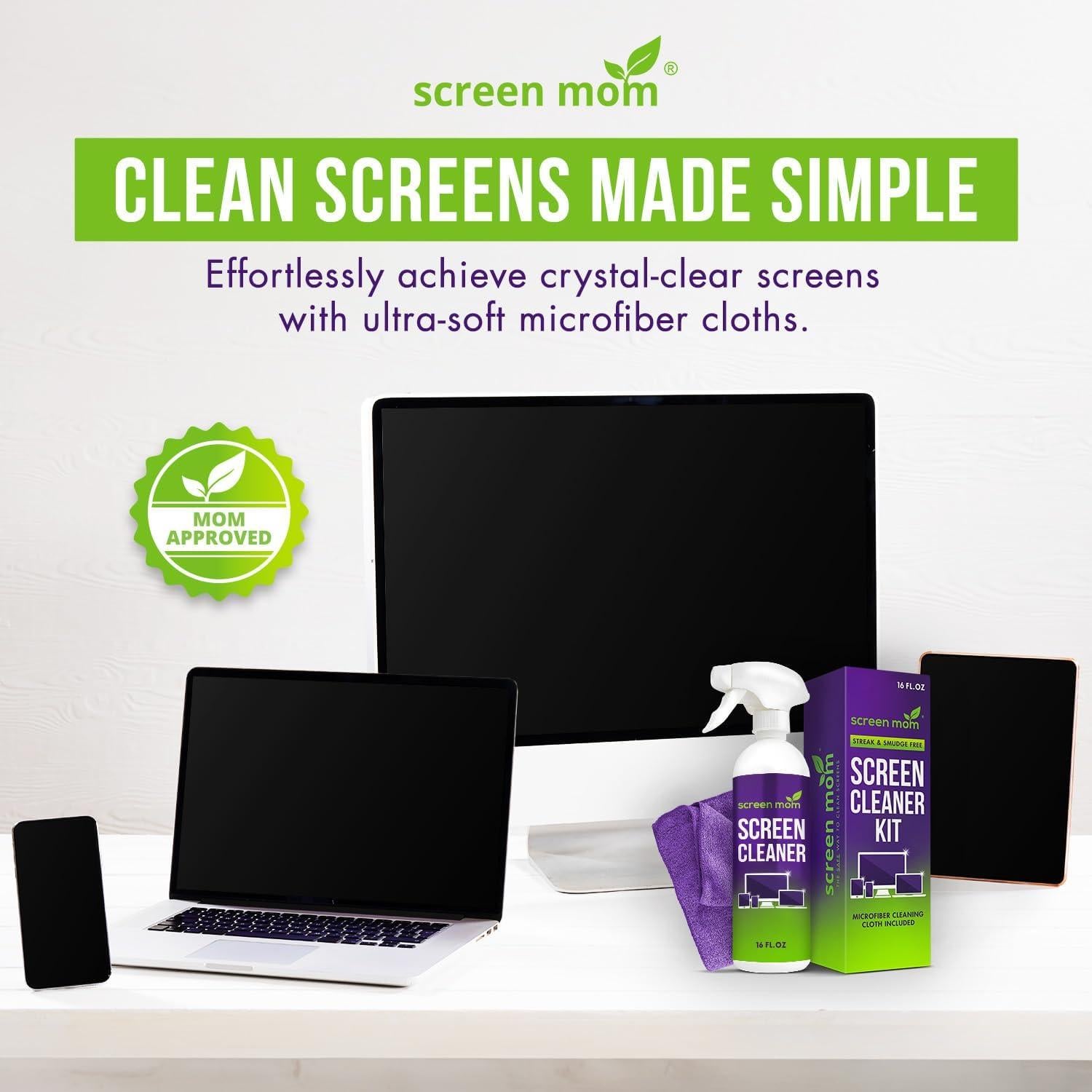 Kit de Limpieza de Pantallas Screen Mom 16oz + 4 Toallas Microfibra