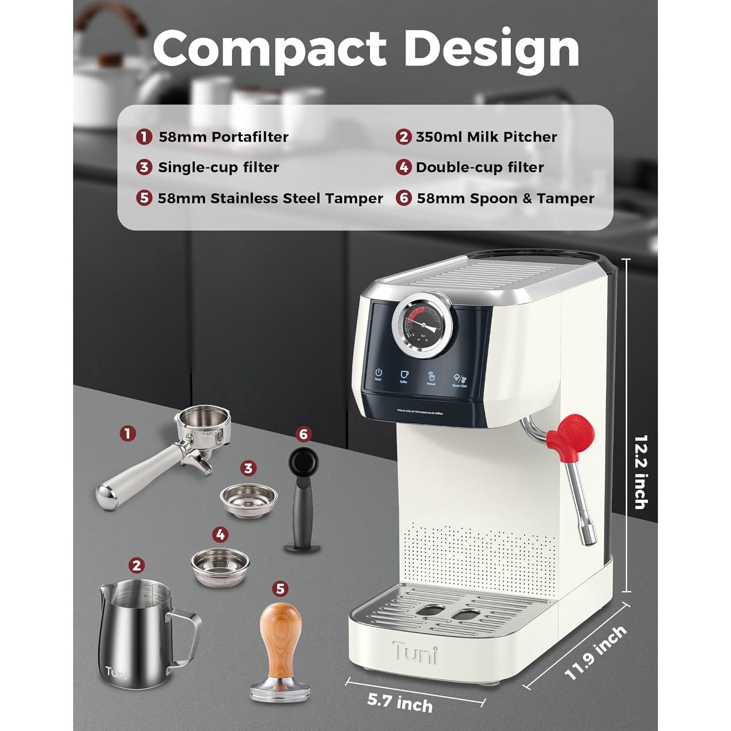 Cafetera Espresso Tuni E2 20 Bar Semiautomática con Vaporizador